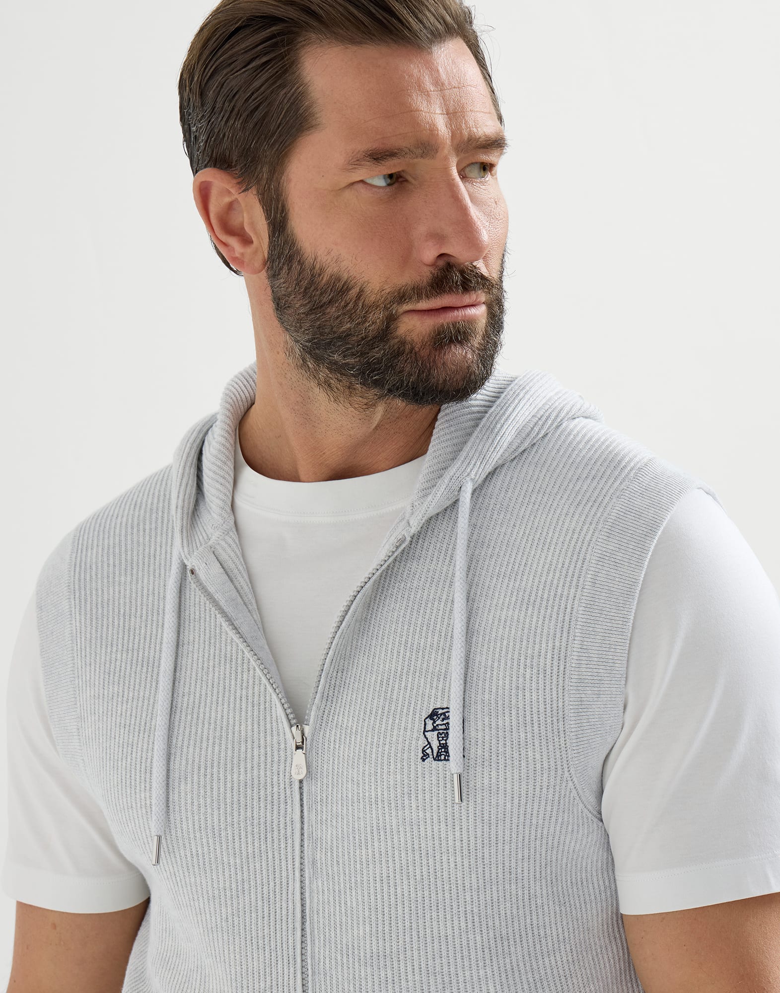 Cotton English rib knit hooded vest with logo and zipper