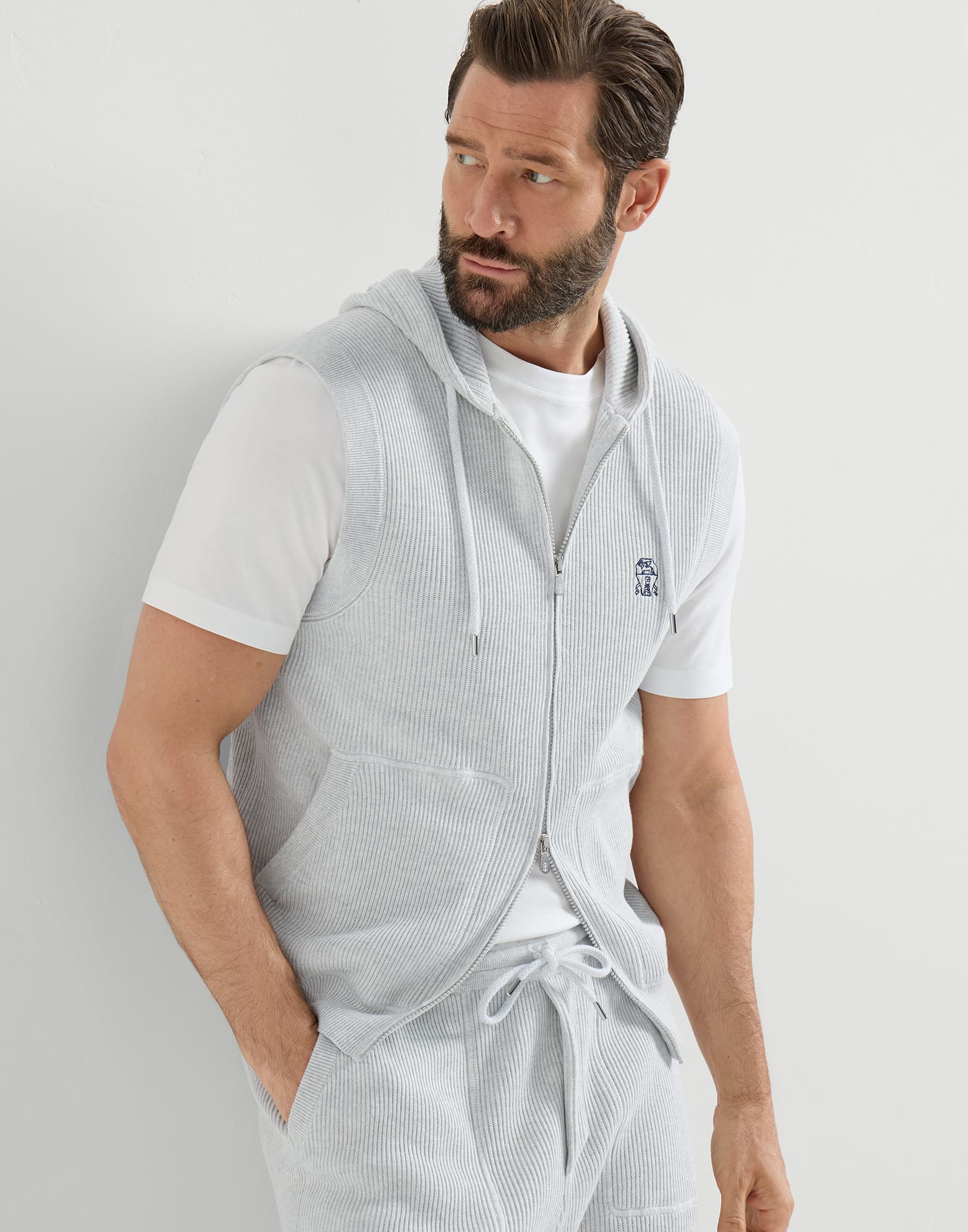 Cotton English rib knit hooded vest with logo and zipper