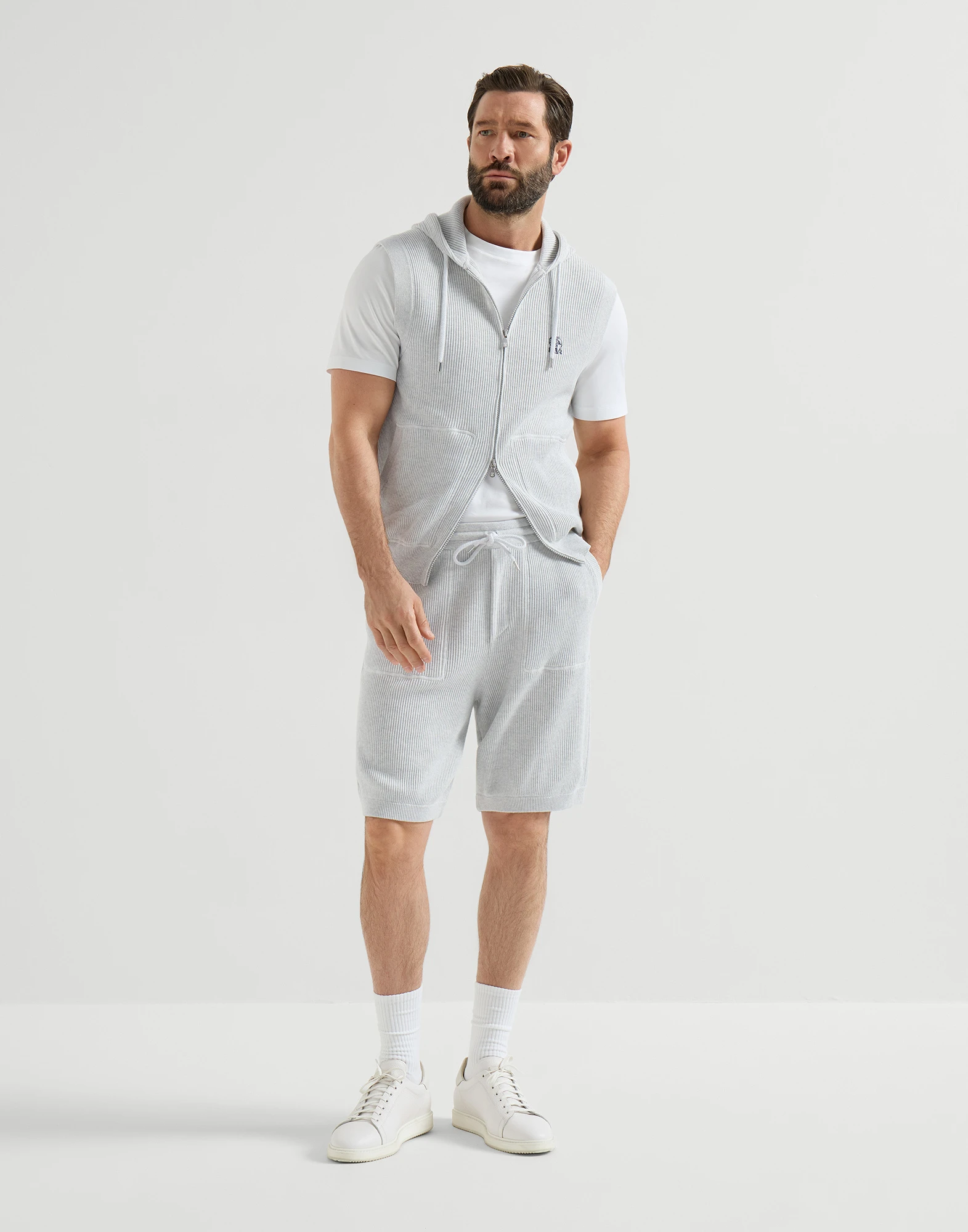 Cotton English rib knit hooded vest with logo and zipper