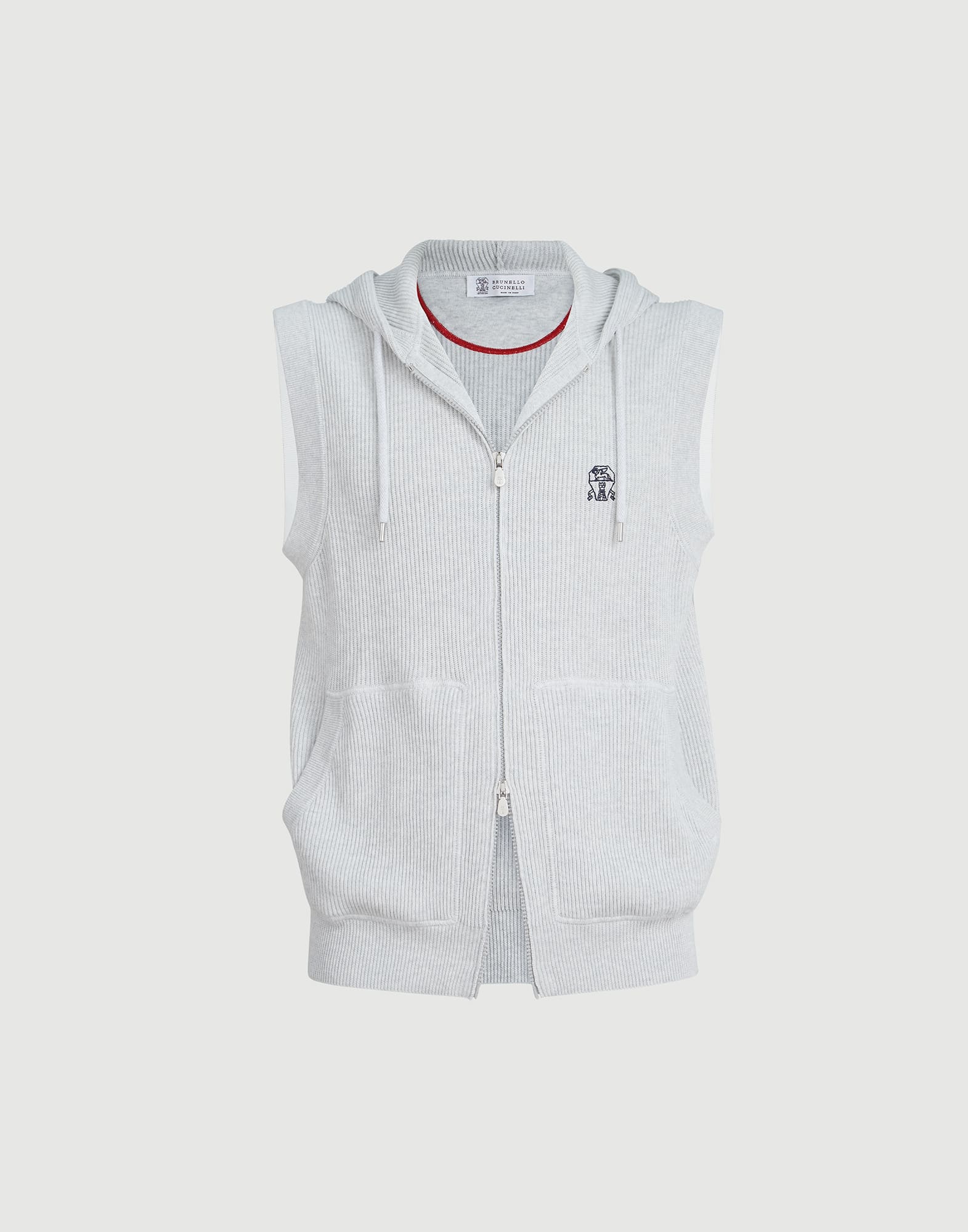 Cotton English rib knit hooded vest with logo and zipper