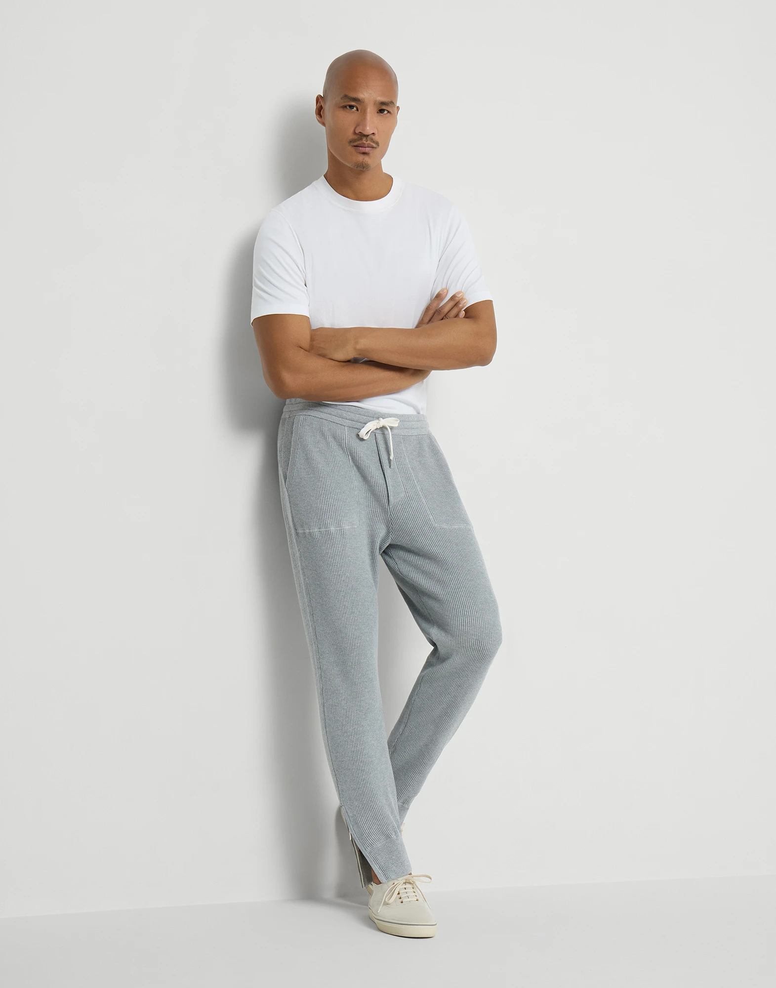 Cotton English rib knit trousers with zipper cuffs