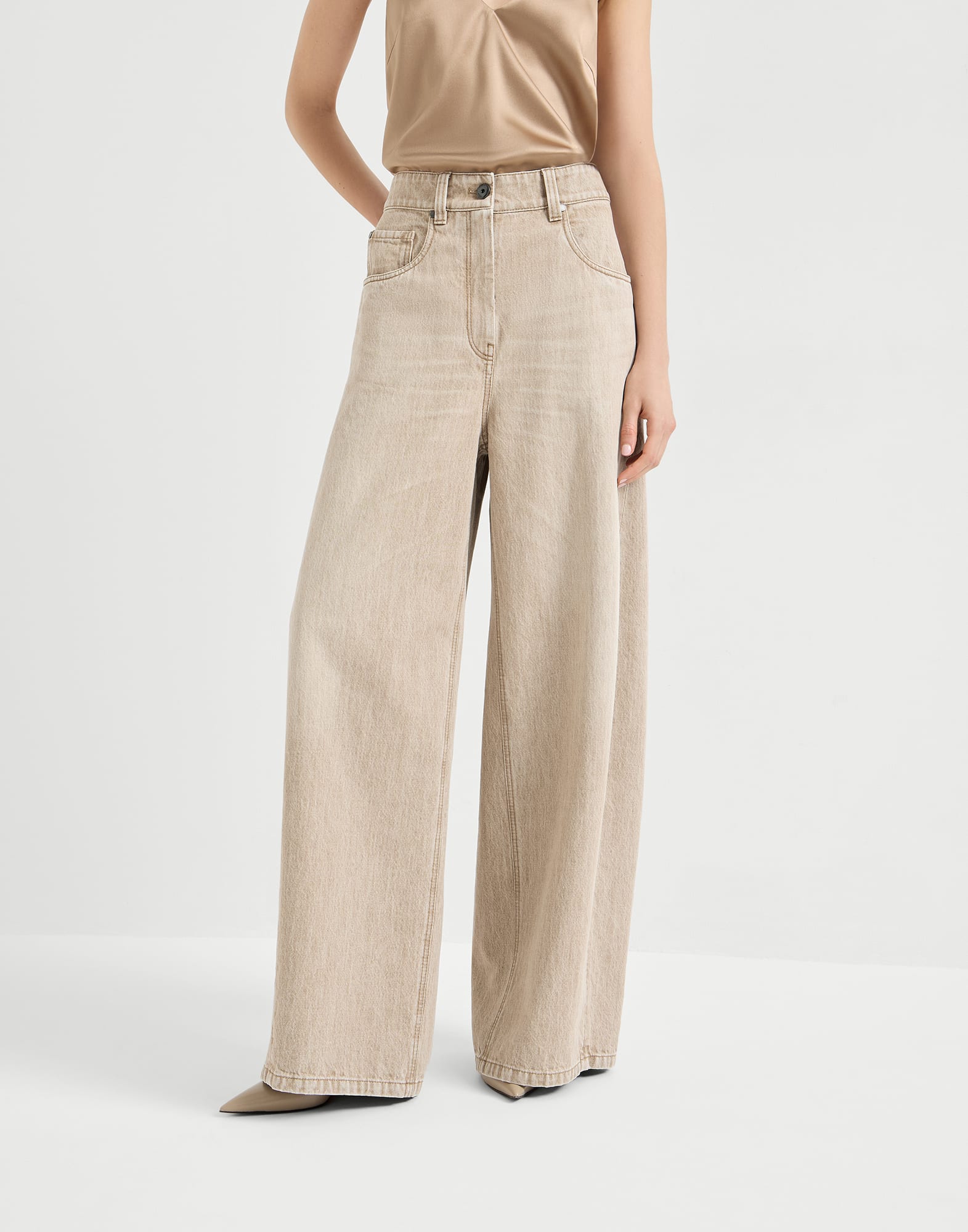 Authentic denim wide trousers with monili