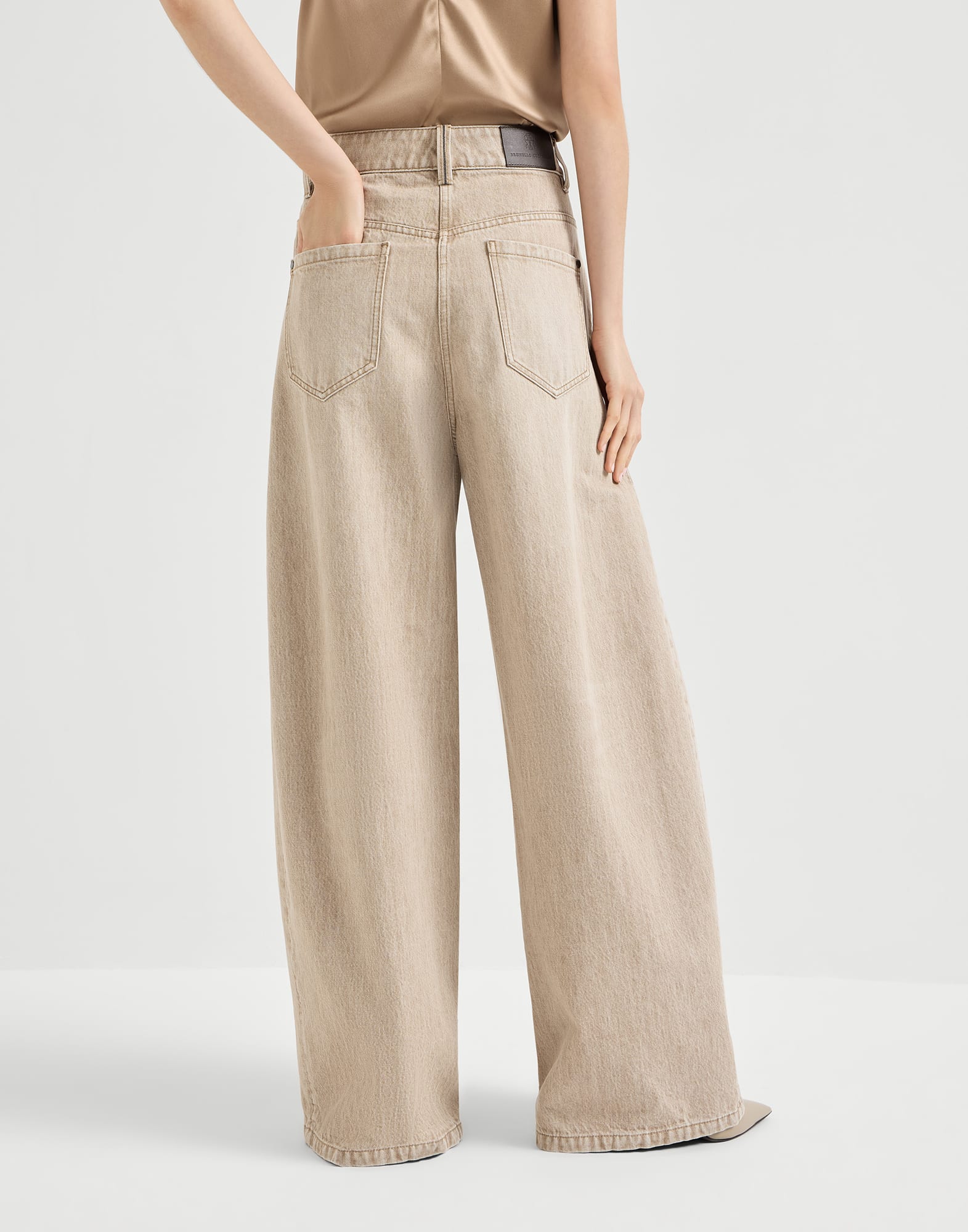 Authentic denim wide trousers with monili