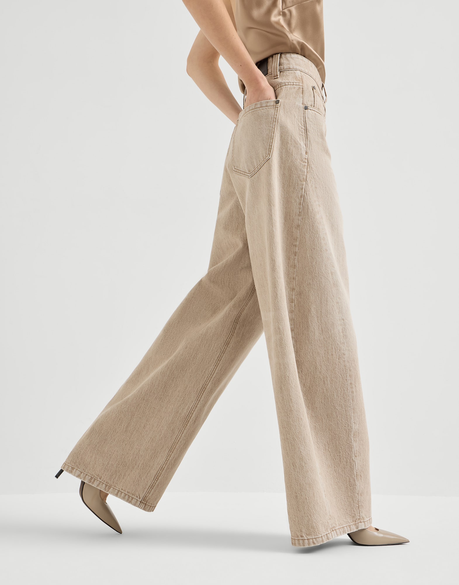 Authentic denim wide trousers with monili