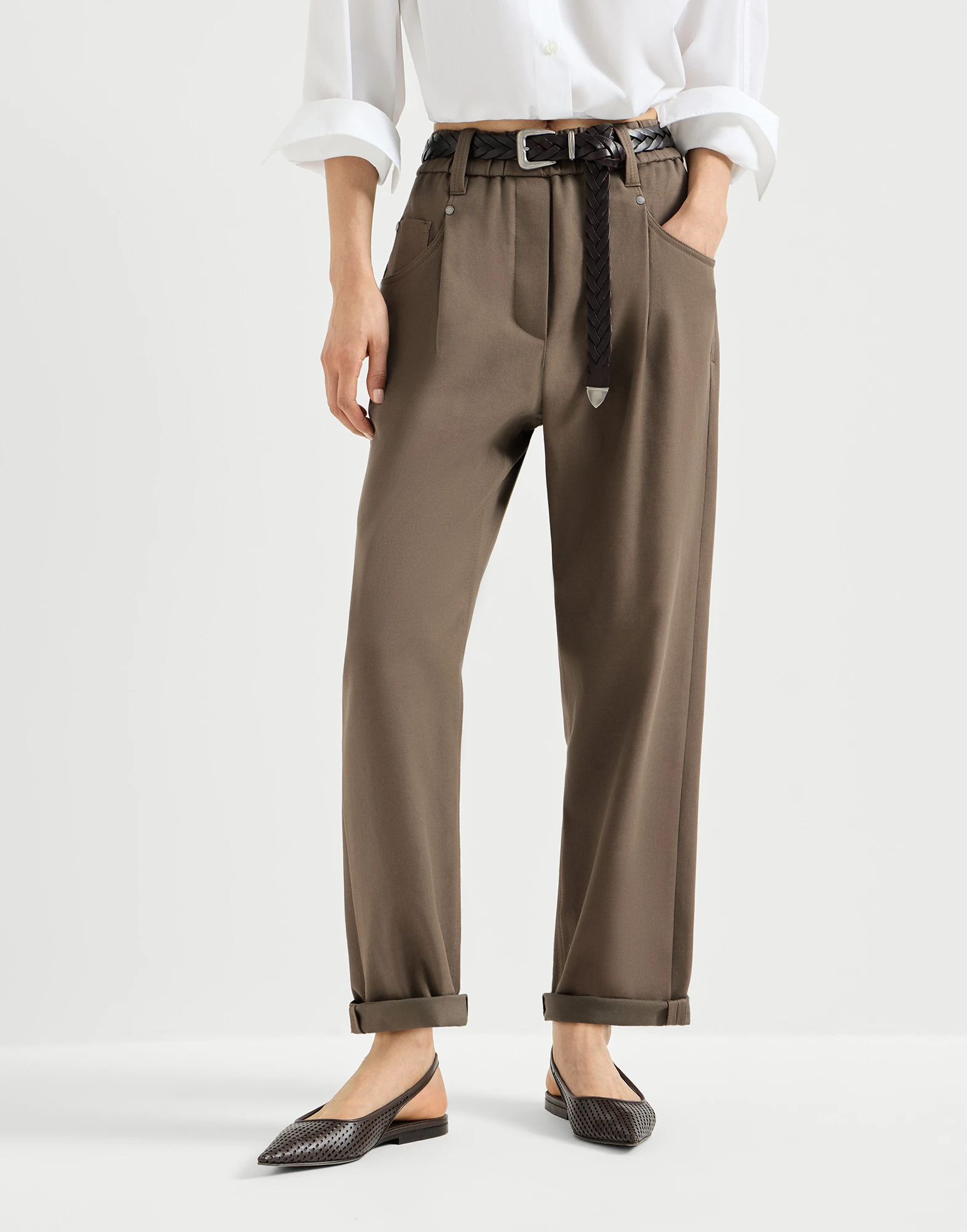 Stretch cotton cover baggy pull-on trousers with shiny bartack
