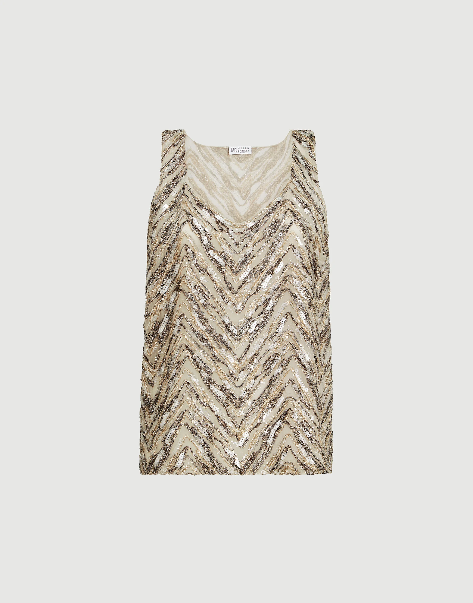 Crispy silk top with dazzling chevron embroidery