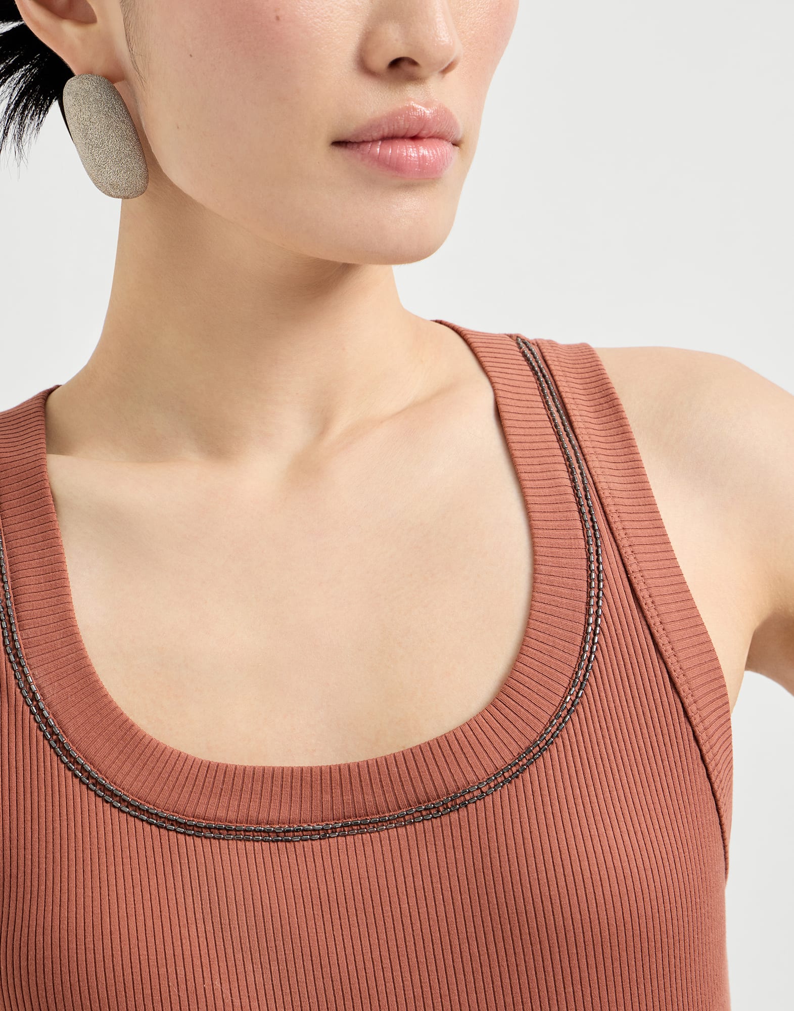 Stretch cotton ribbed jersey top with shiny trim