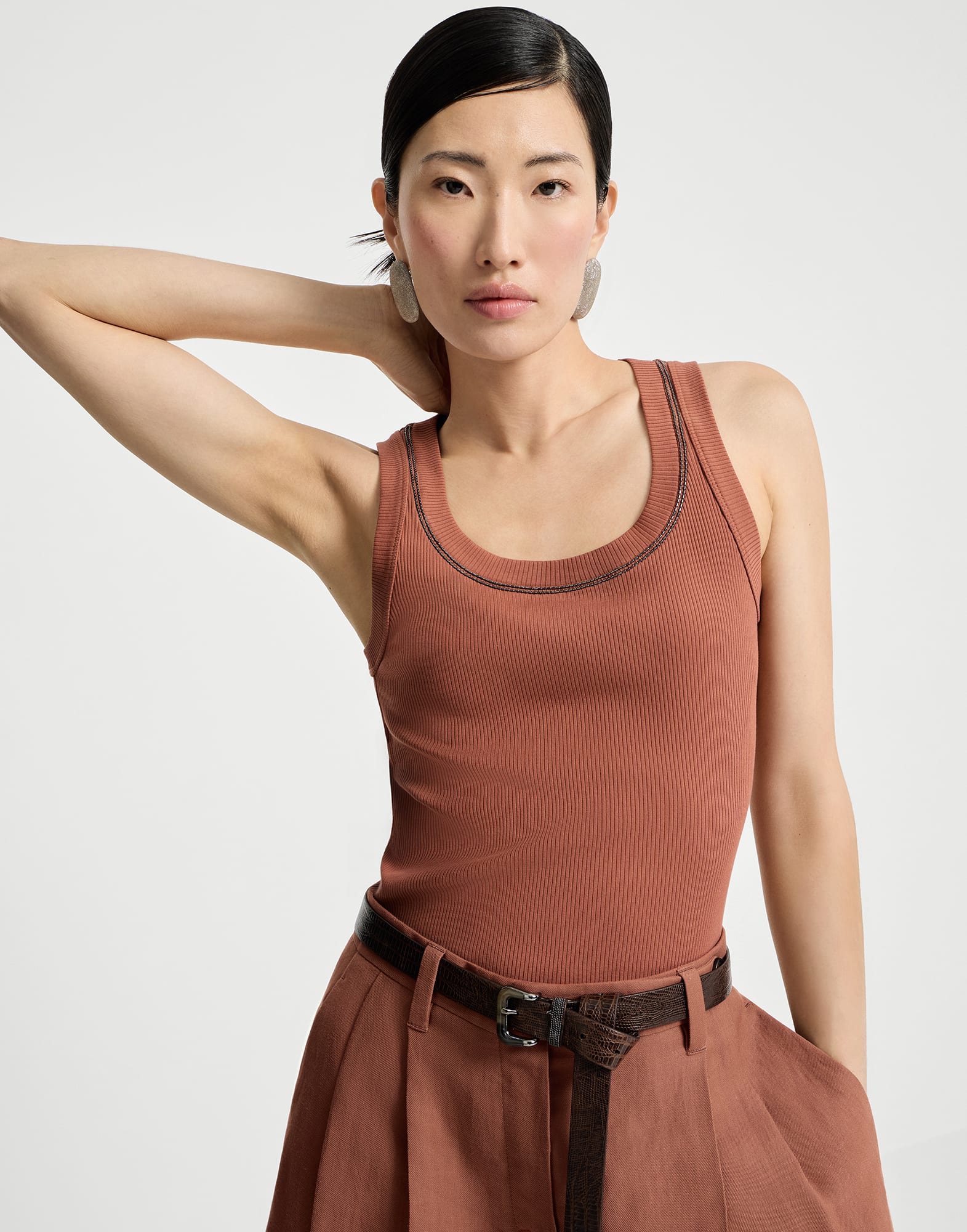 Stretch cotton ribbed jersey top with shiny trim