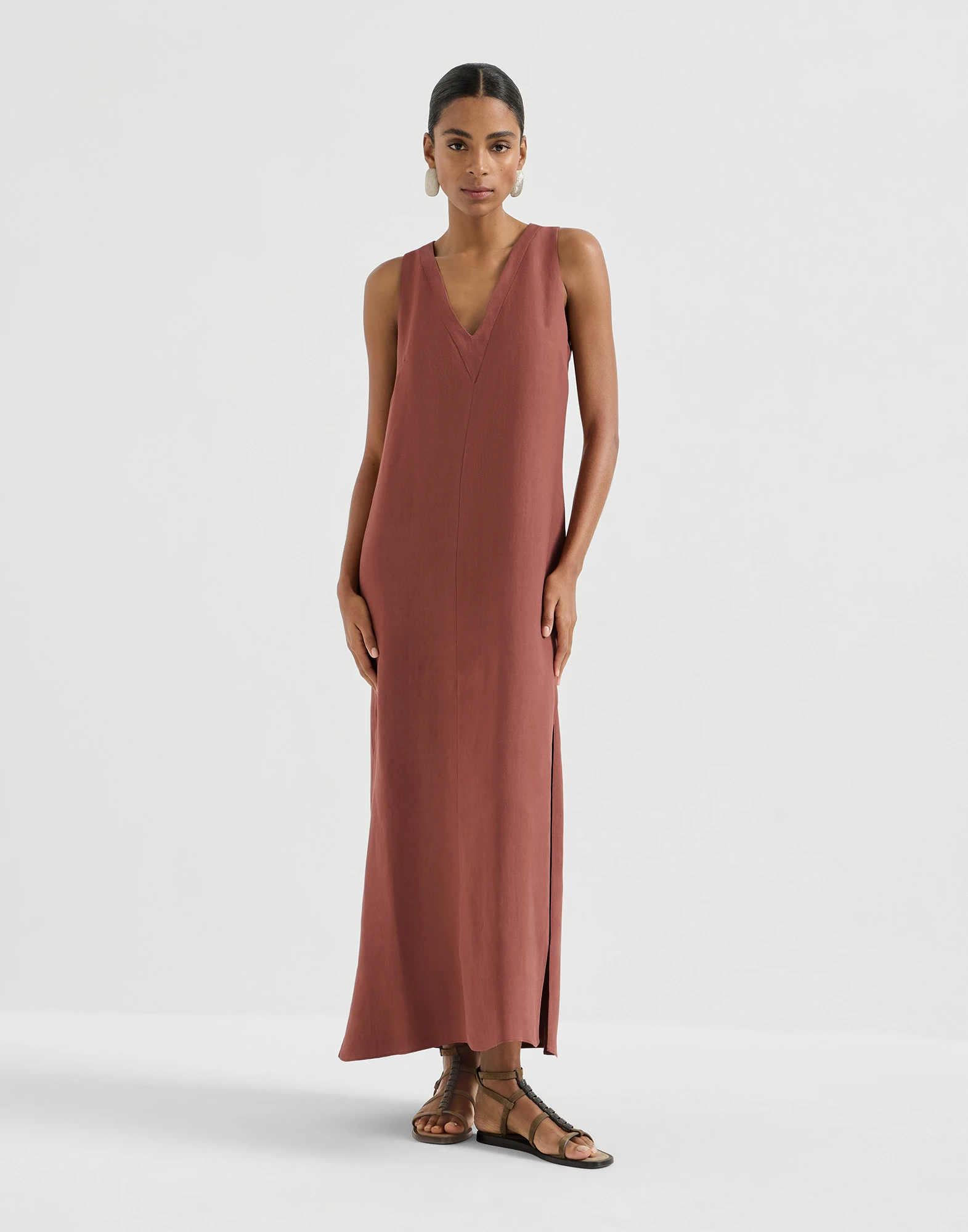 Viscose and linen fluid twill dress with monili