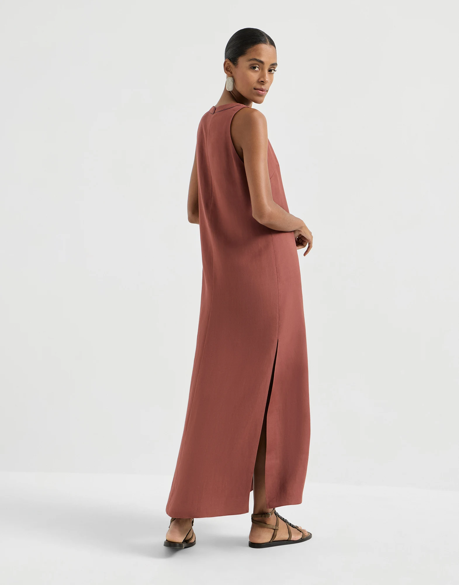 Viscose and linen fluid twill dress with monili