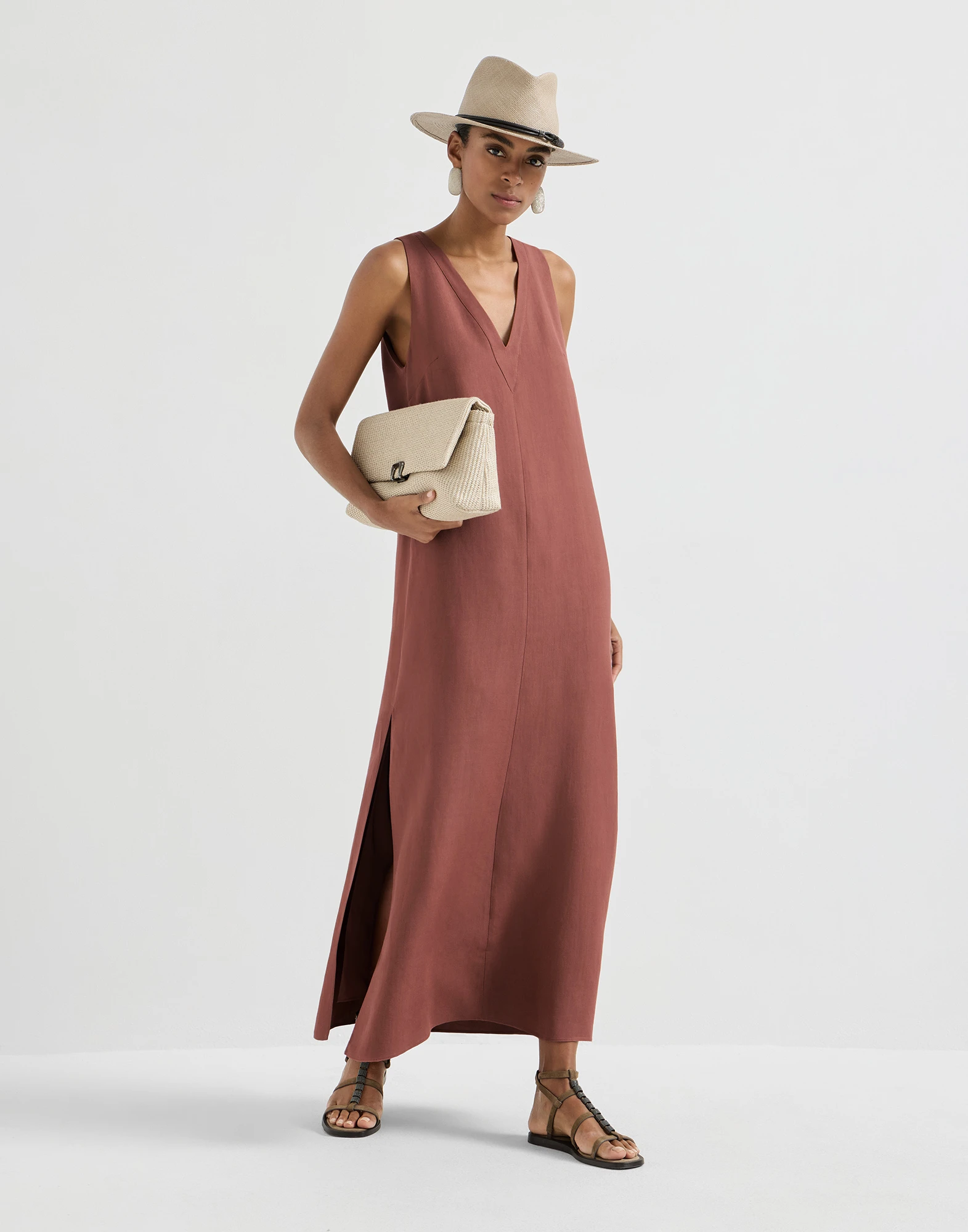 Viscose and linen fluid twill dress with monili