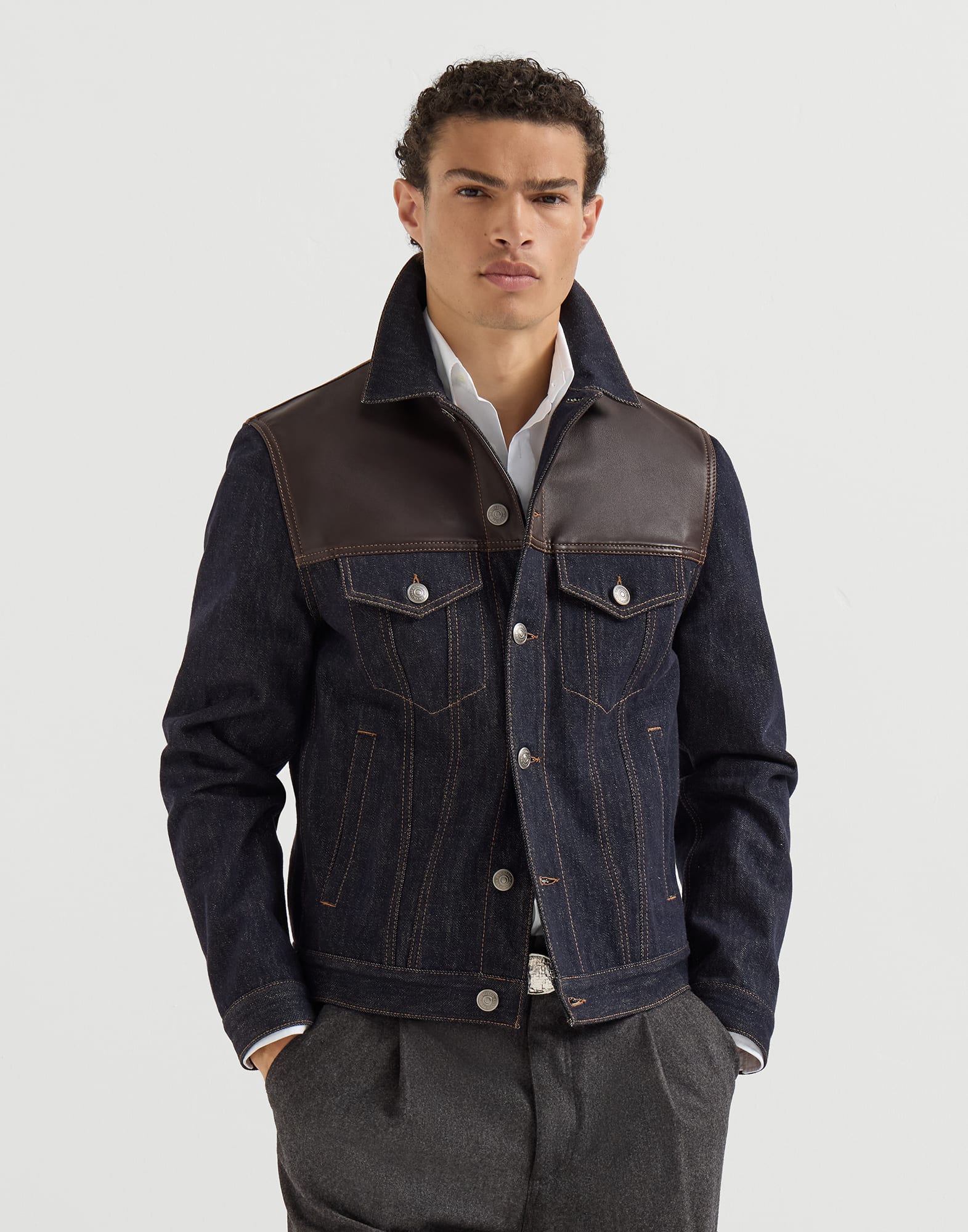 Paneled no-fade denim four-pocket jacket