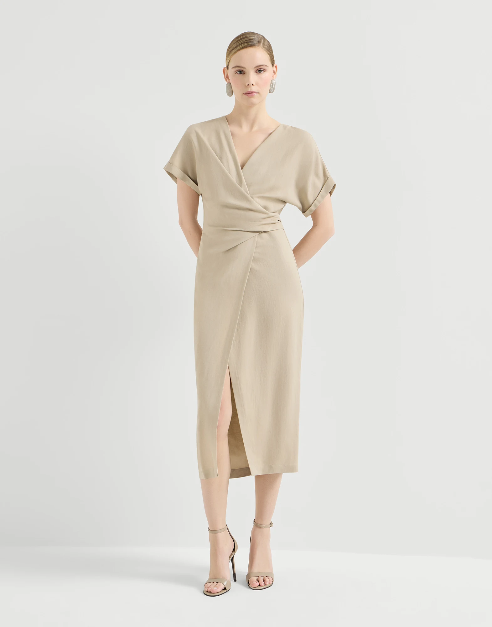 Viscose and linen fluid twill wrap-effect dress with monili