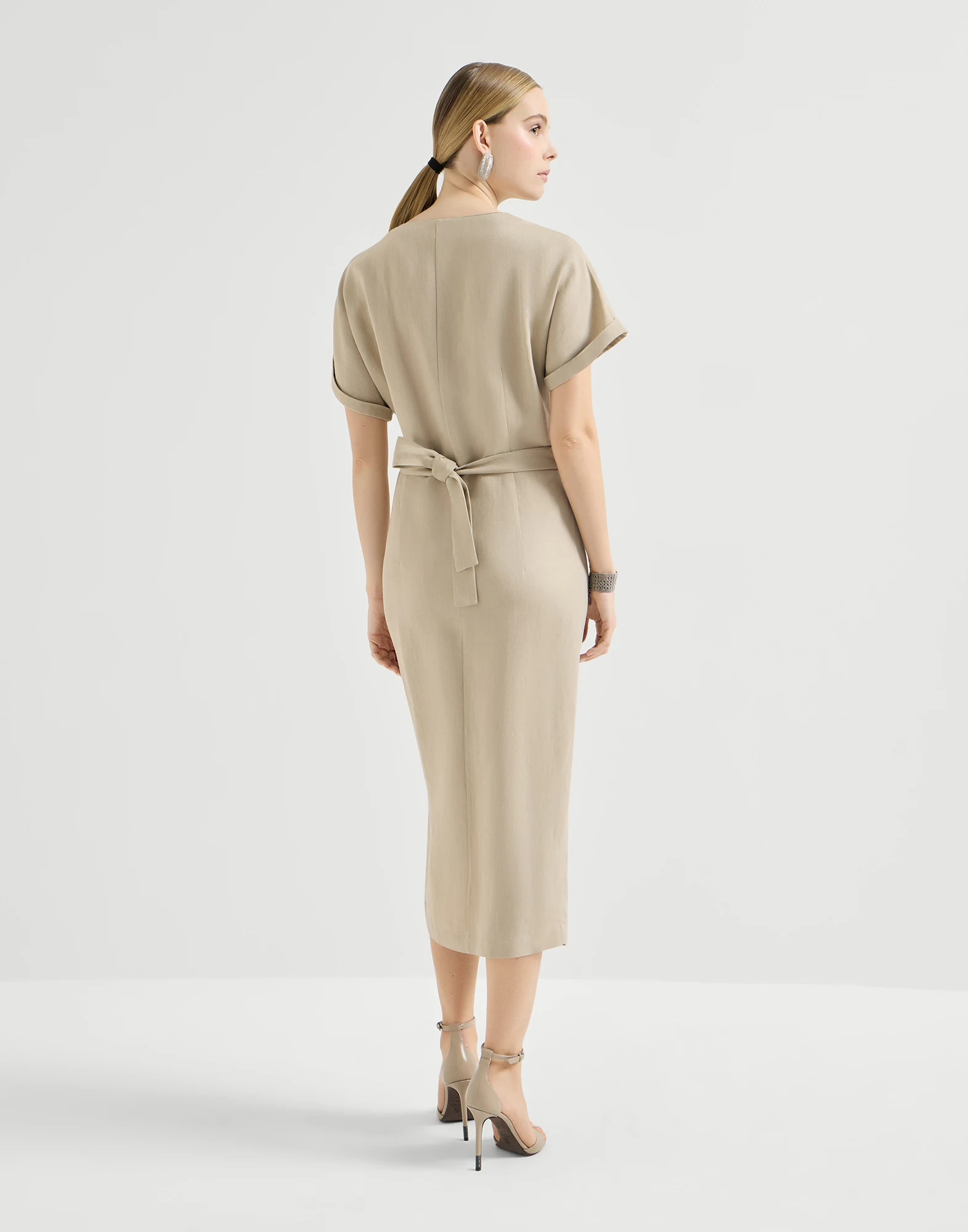 Viscose and linen fluid twill wrap-effect dress with monili