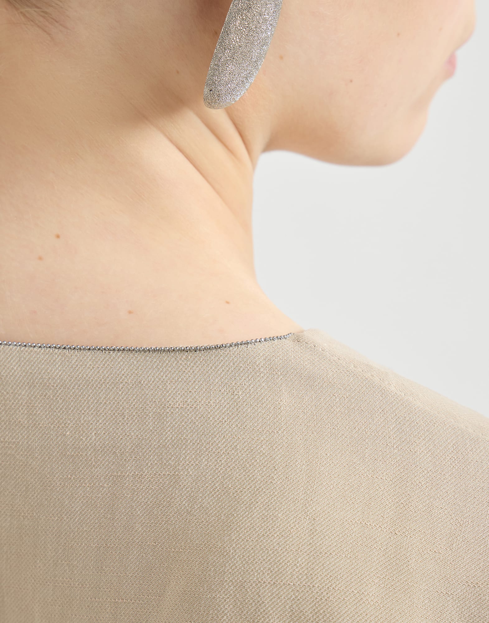 Viscose and linen fluid twill wrap-effect dress with monili