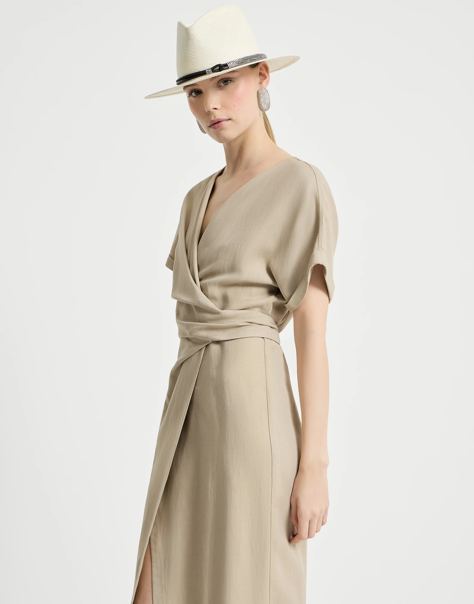 Viscose and linen fluid twill wrap-effect dress with monili