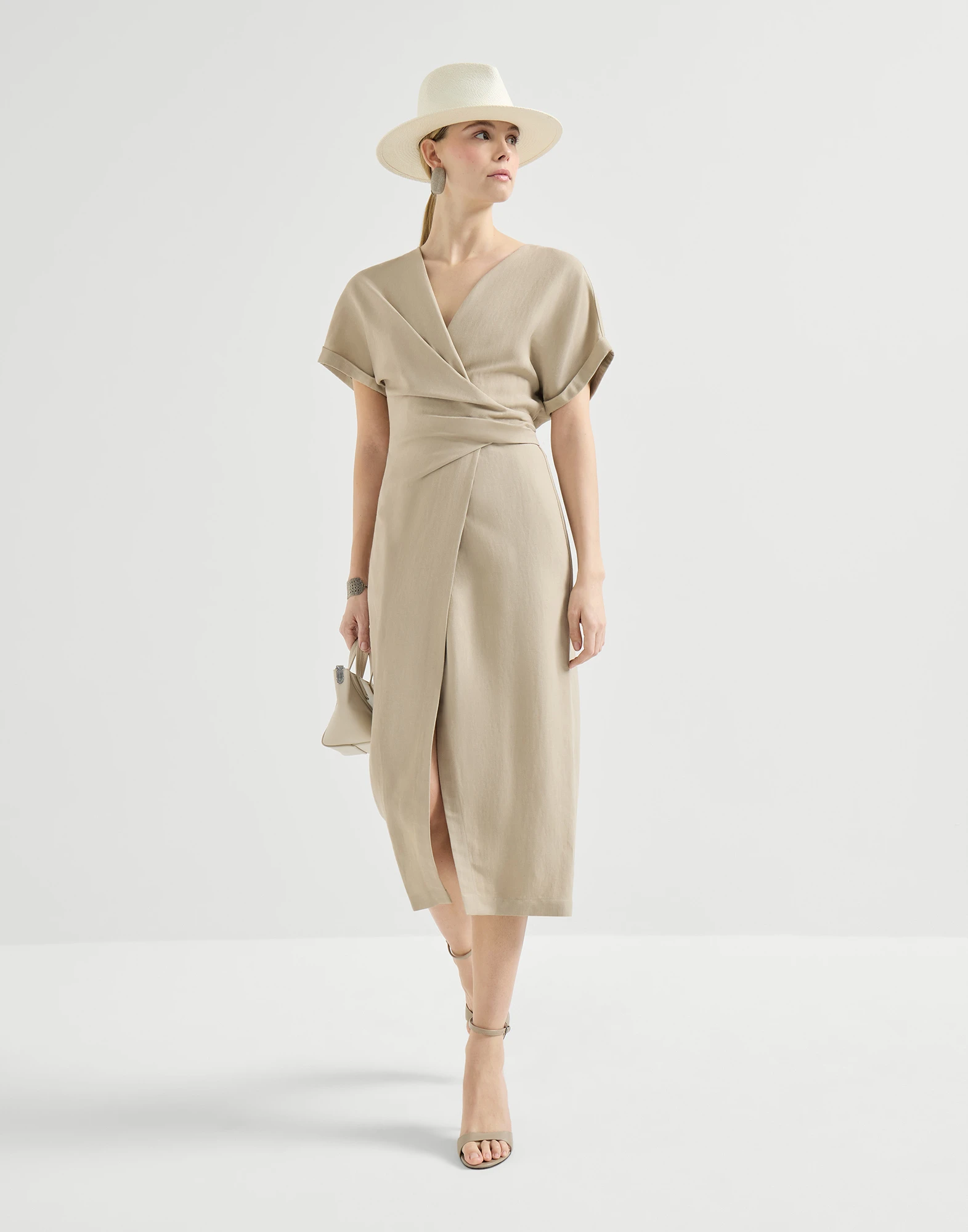 Viscose and linen fluid twill wrap-effect dress with monili