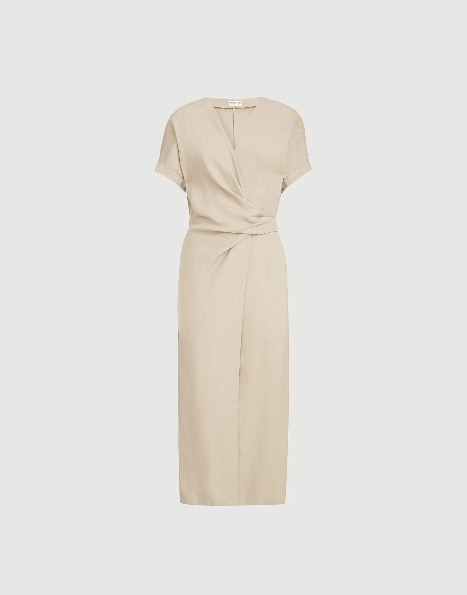 Viscose and linen fluid twill wrap-effect dress with monili