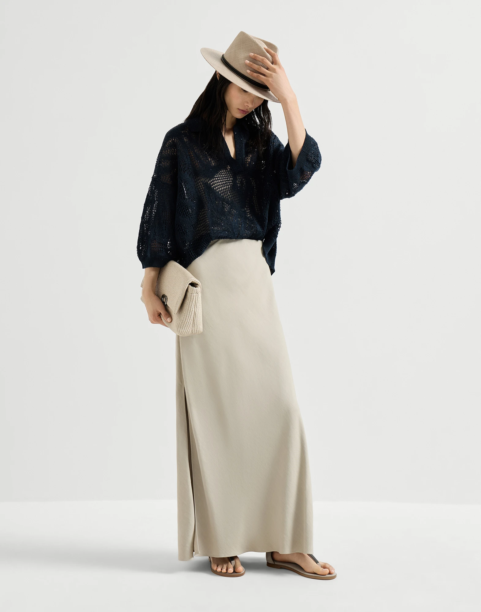 Viscose and linen twill fluid bias-cut skirt
