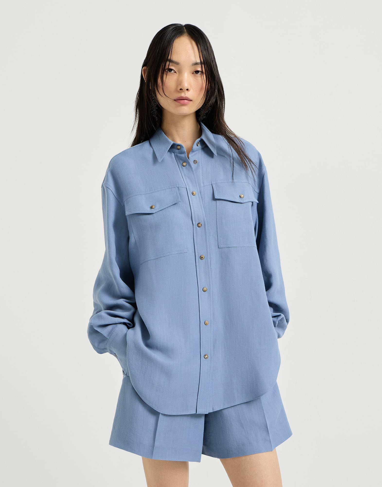 Camisa en sarga Fluid de viscosa y lino