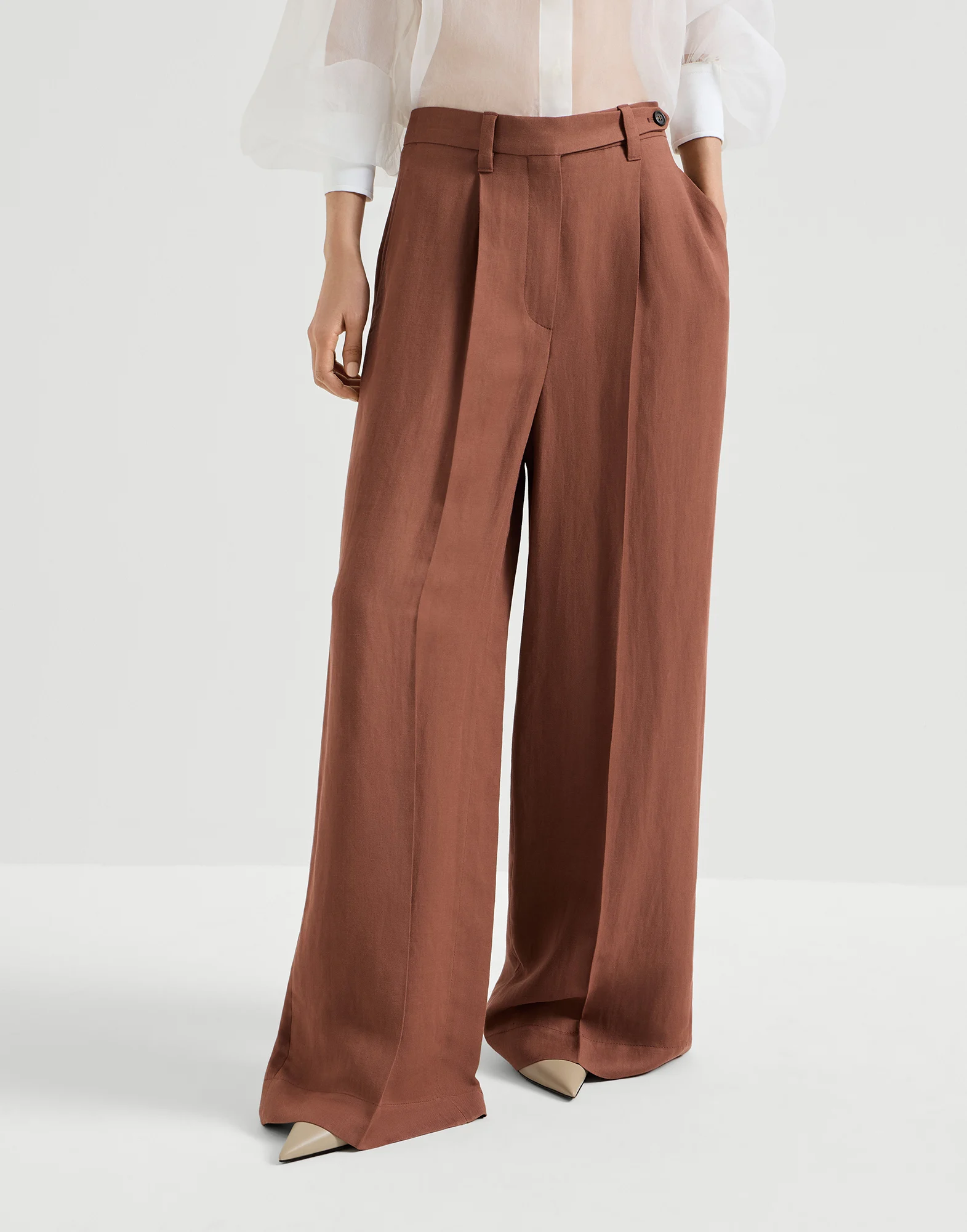 Viscose and linen fluid twill wide trousers with monili