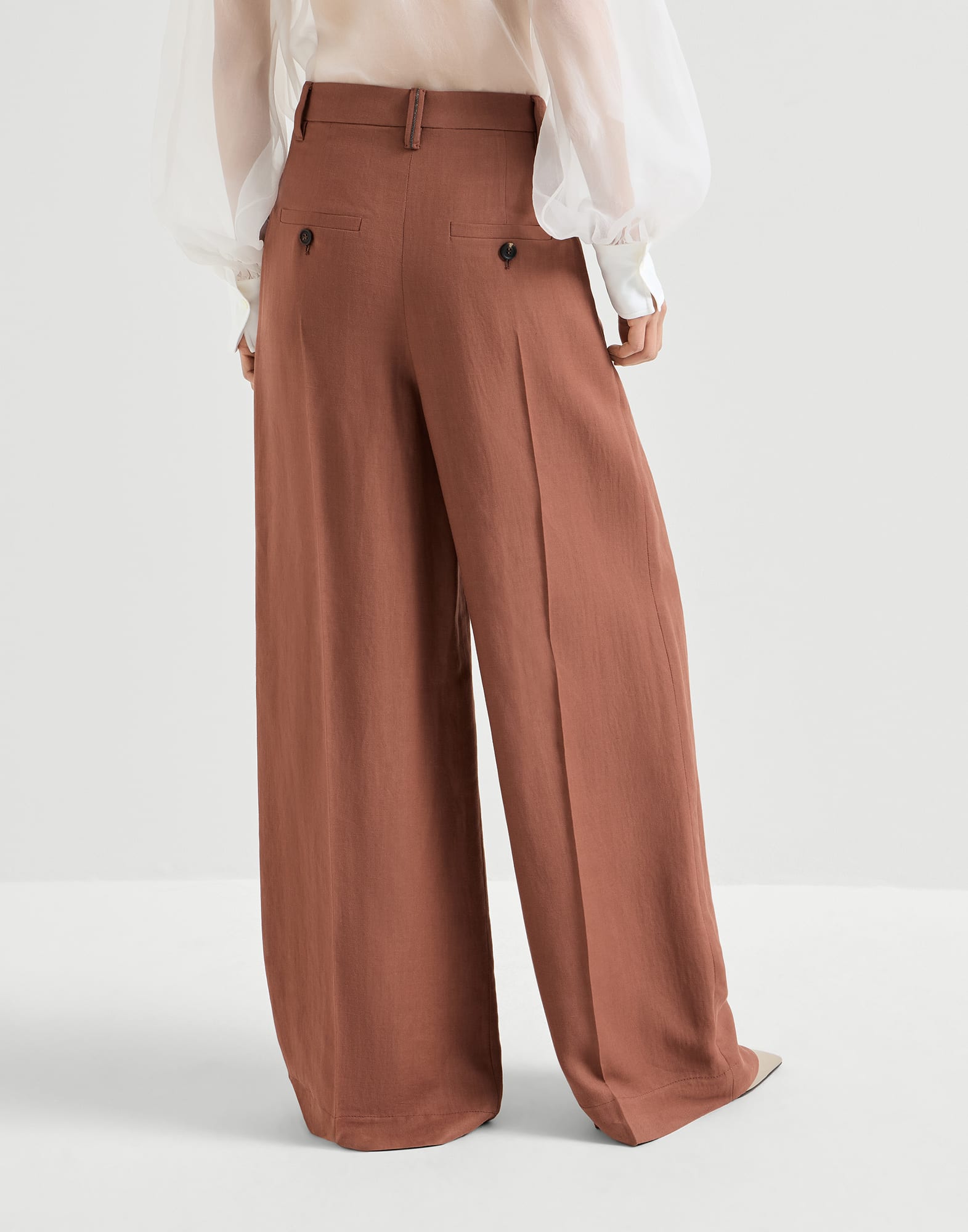 Viscose and linen fluid twill wide trousers with monili