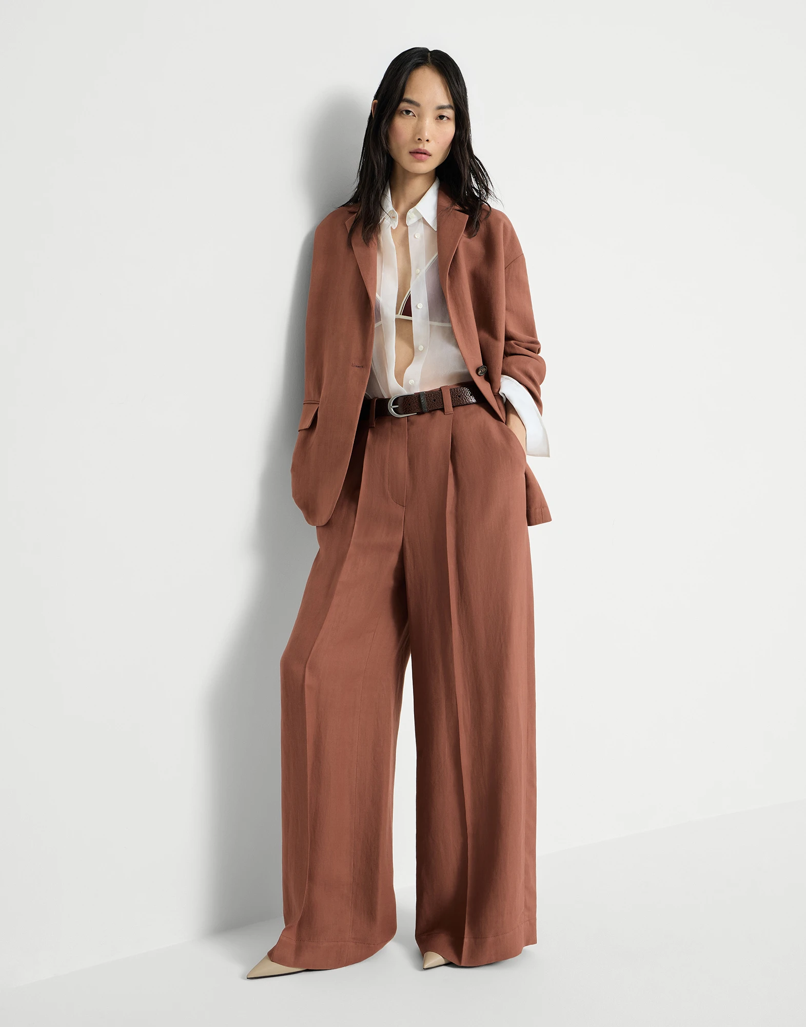 Viscose and linen fluid twill wide trousers with monili