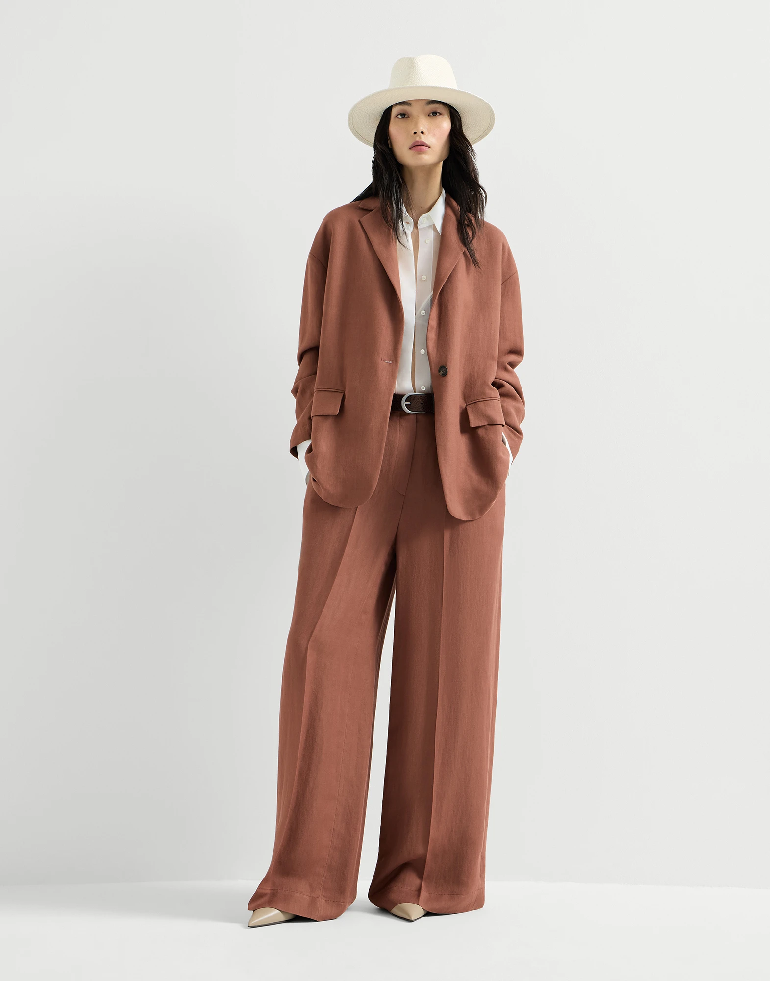 Viscose and linen fluid twill wide trousers with monili