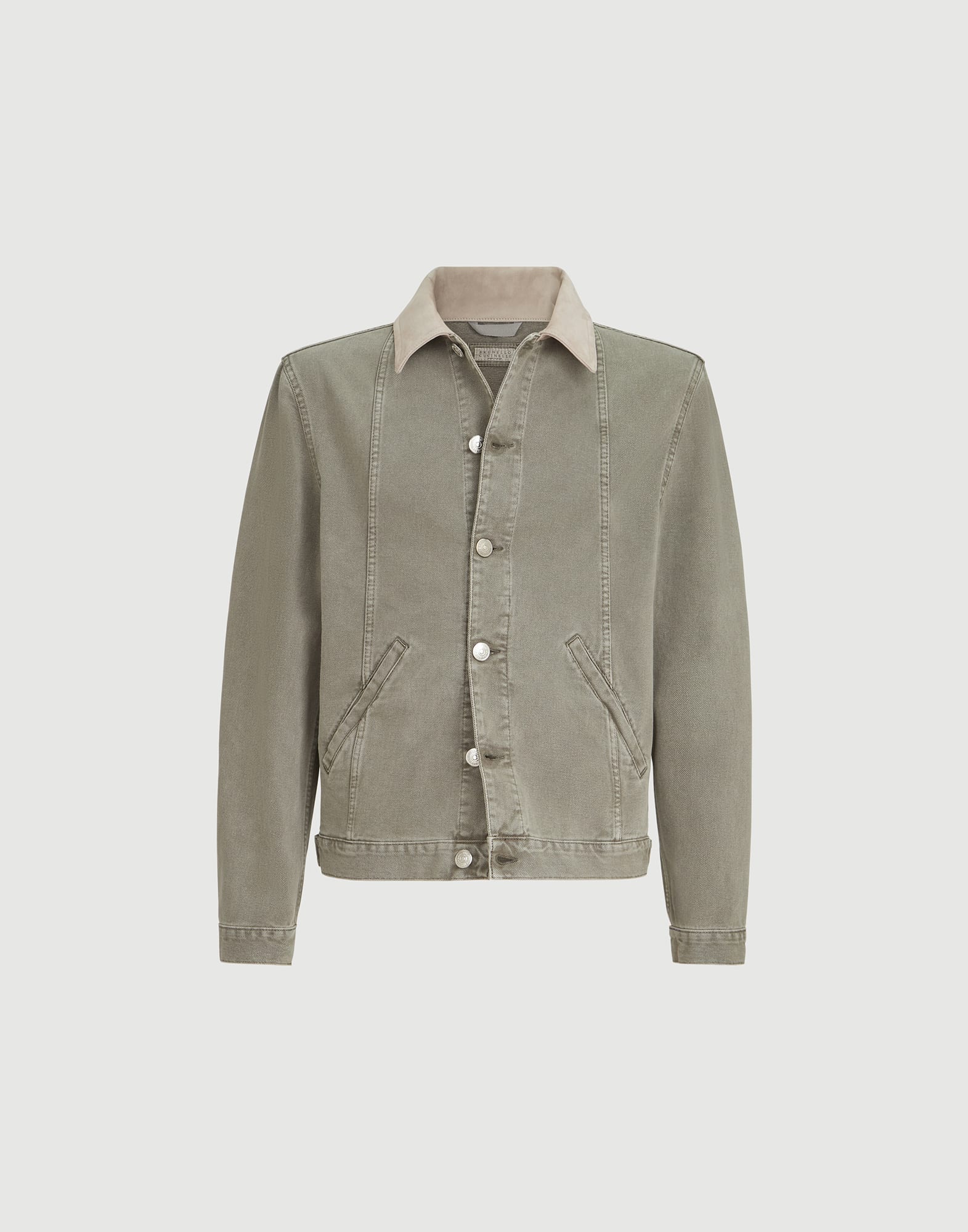 Garment-dyed outerwear jacket in denim with leather collar
