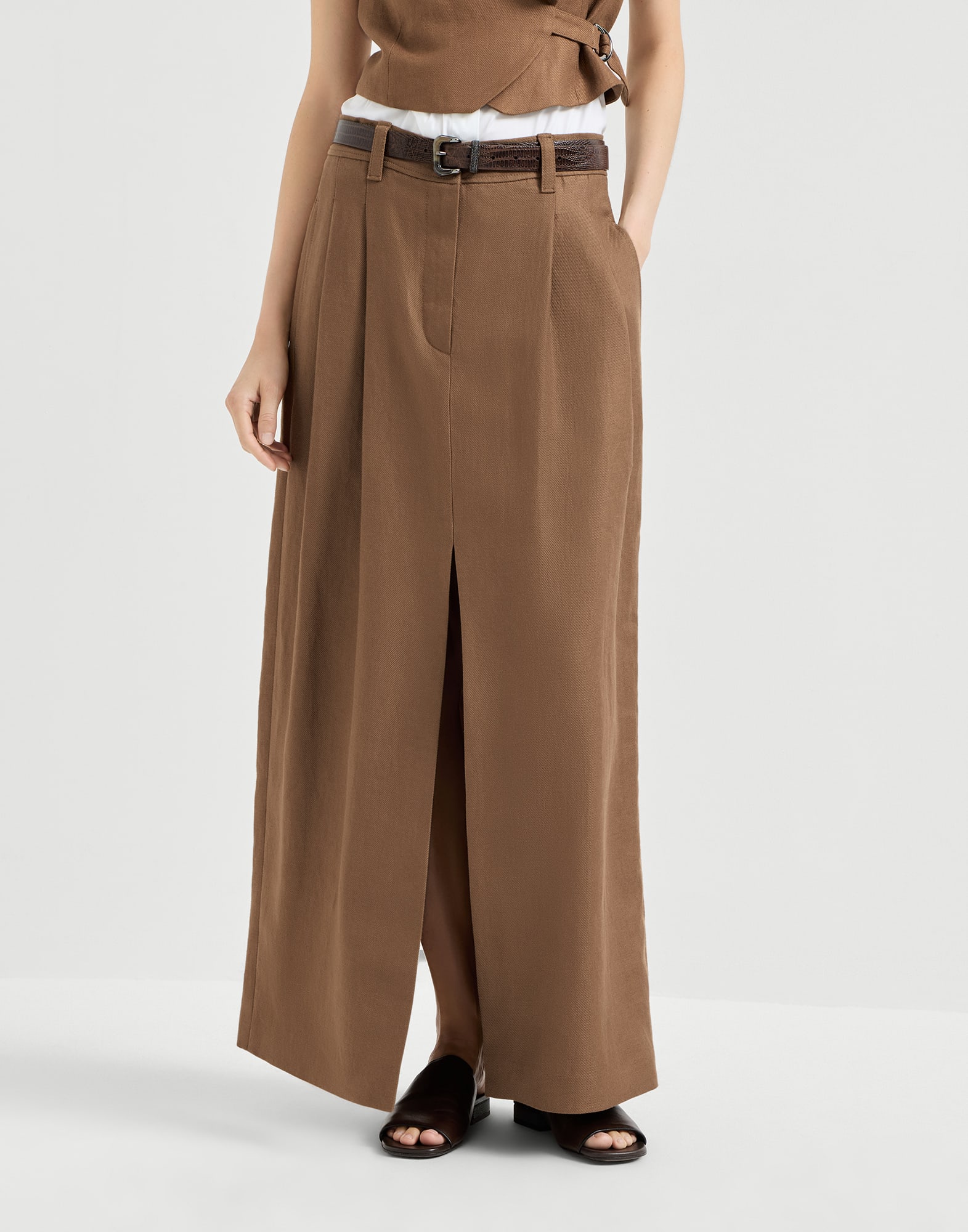 Falda Sartorial en tejido diagonal de lino con Monile