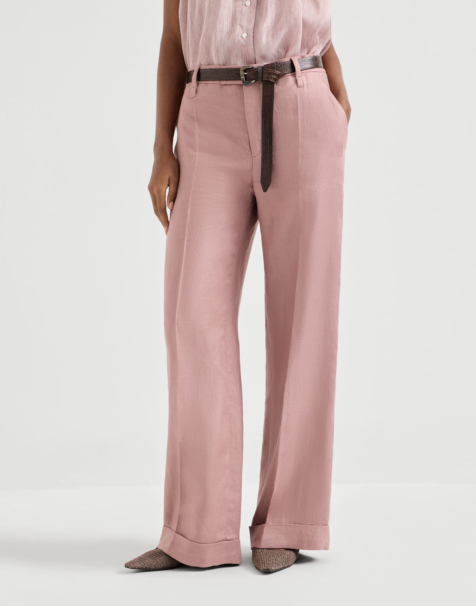 Linen diagonal loose flared trousers with monili
