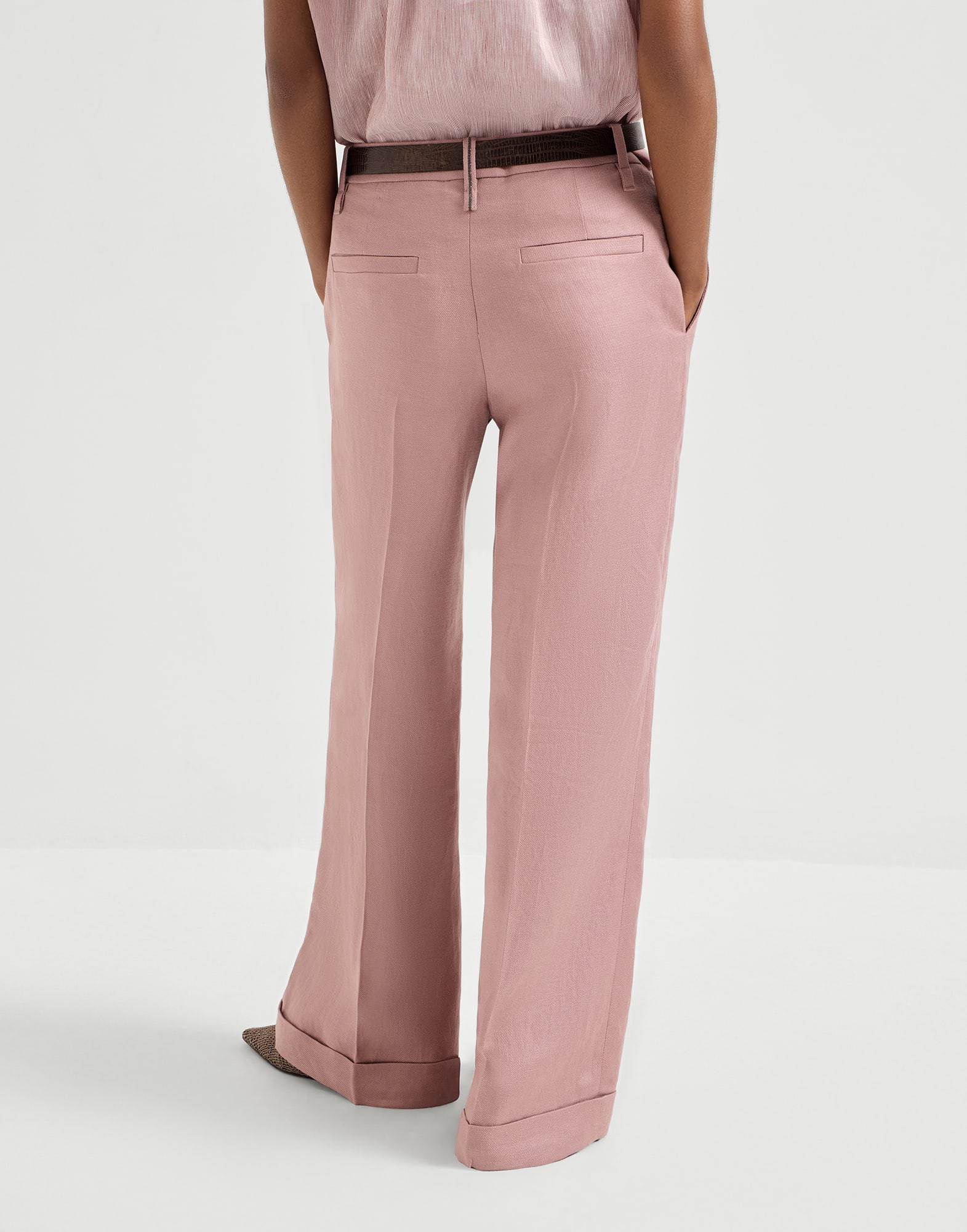 Linen diagonal loose flared trousers with monili