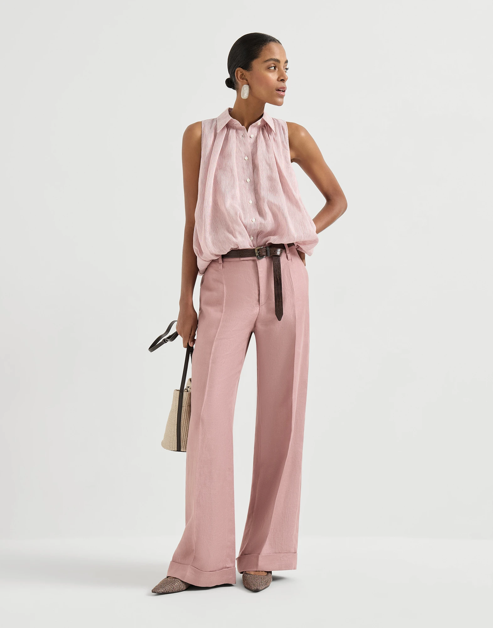 Linen diagonal loose flared trousers with monili