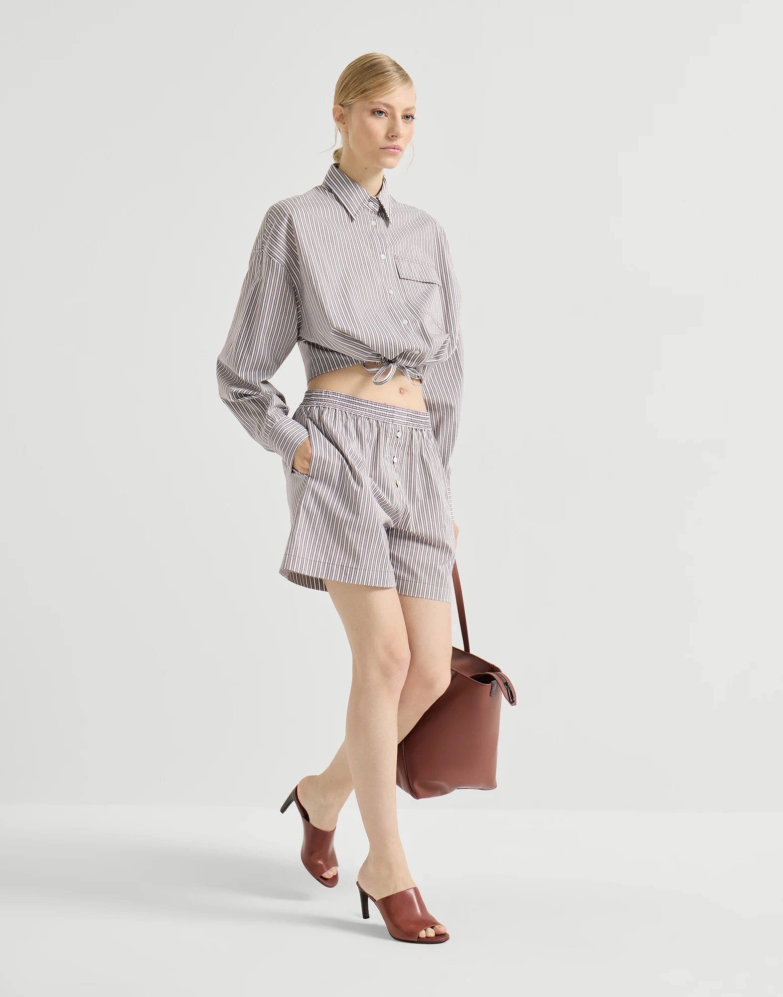 Short Pyjama en popelina de algodón y seda a rayas con Monile
