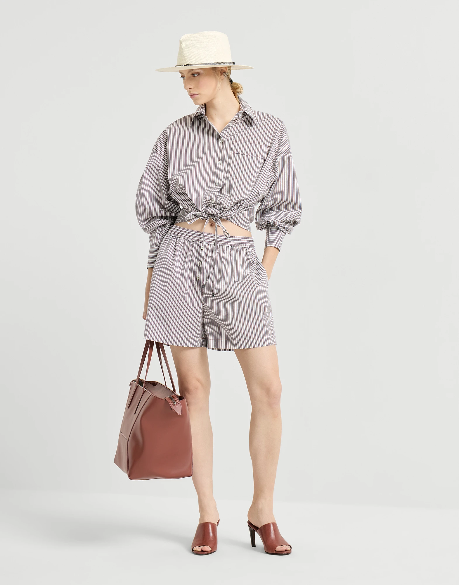 Short Pyjama en popelina de algodón y seda a rayas con Monile