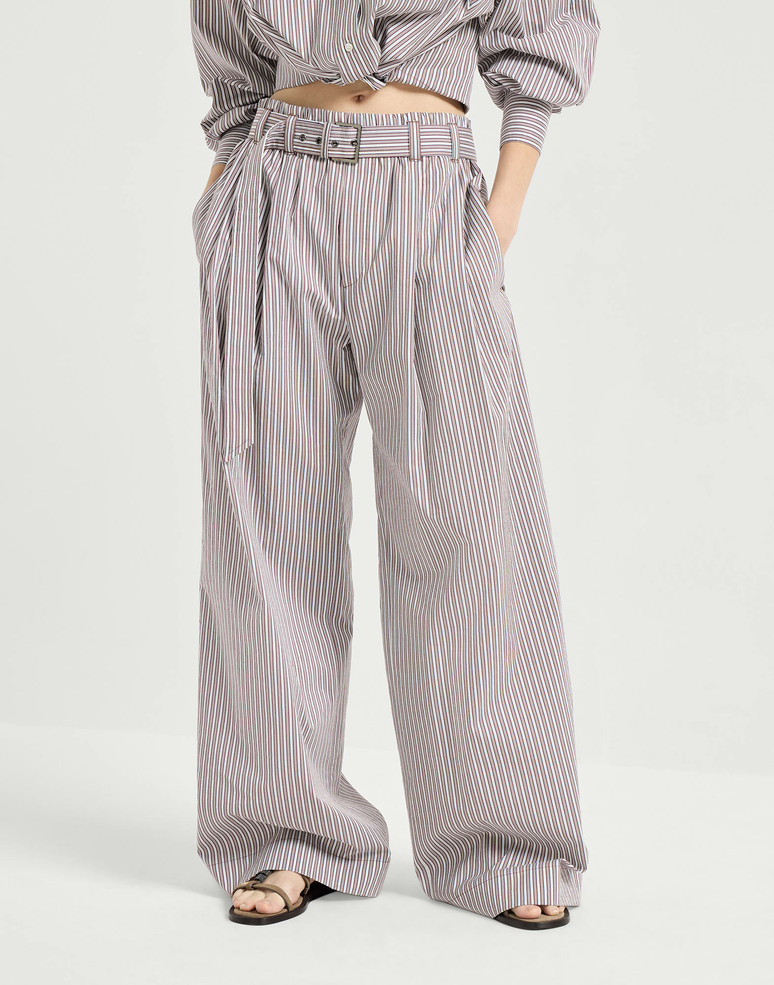 Pantalón Loose Track en popelina de algodón y seda a rayas con Monile