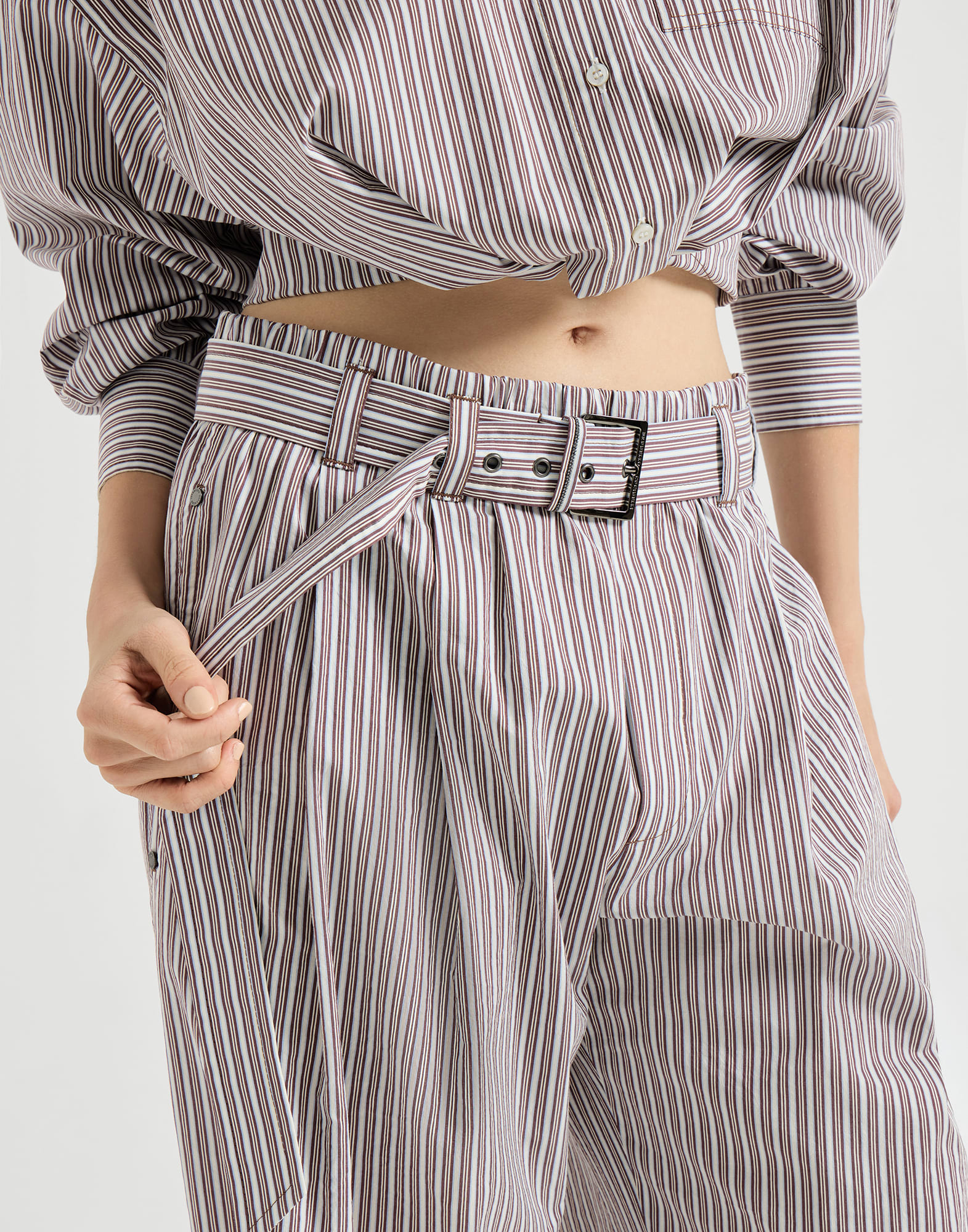 Pantalón Loose Track en popelina de algodón y seda a rayas con Monile