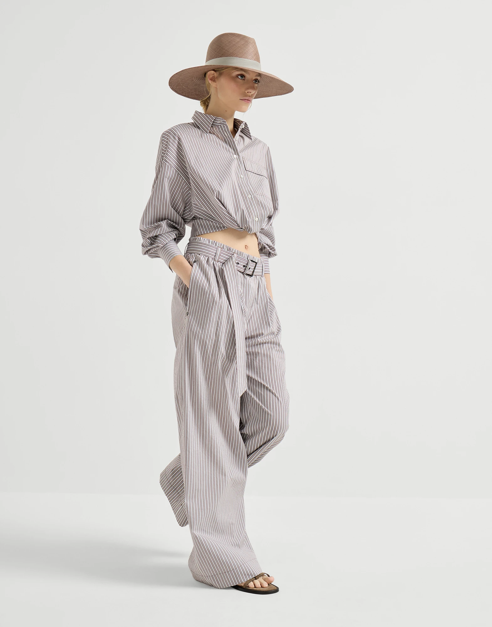 Pantalón Loose Track en popelina de algodón y seda a rayas con Monile