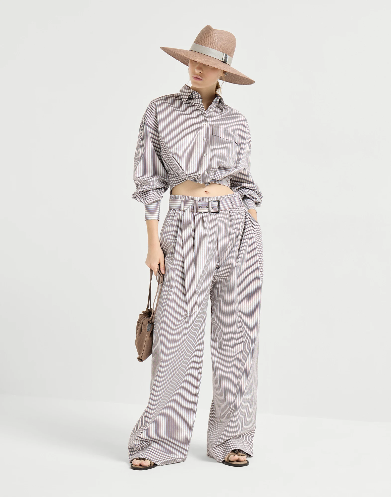 Pantalón Loose Track en popelina de algodón y seda a rayas con Monile