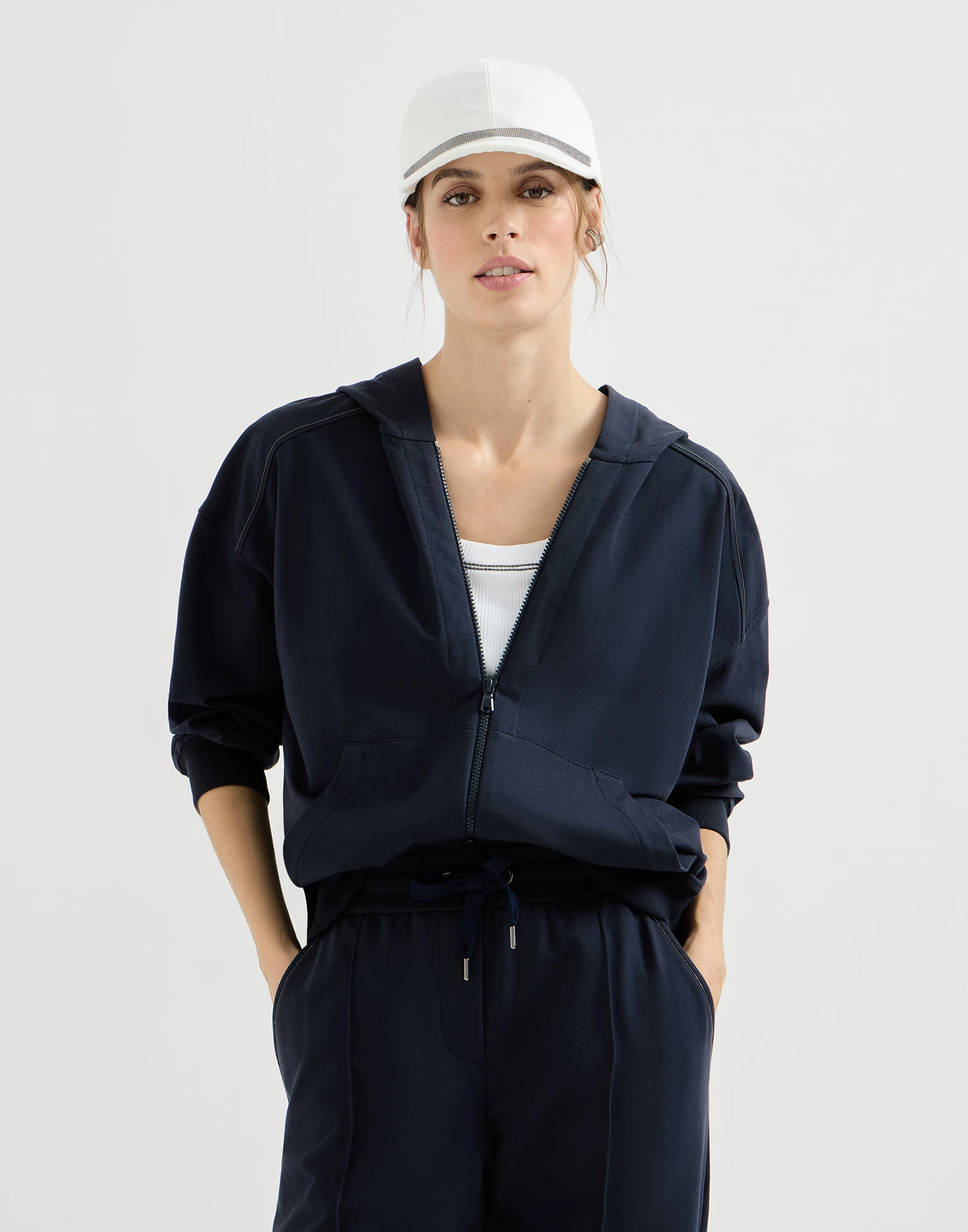 Stretch cotton lightweight French terry hooded sweatshirt with zipper and shiny trims