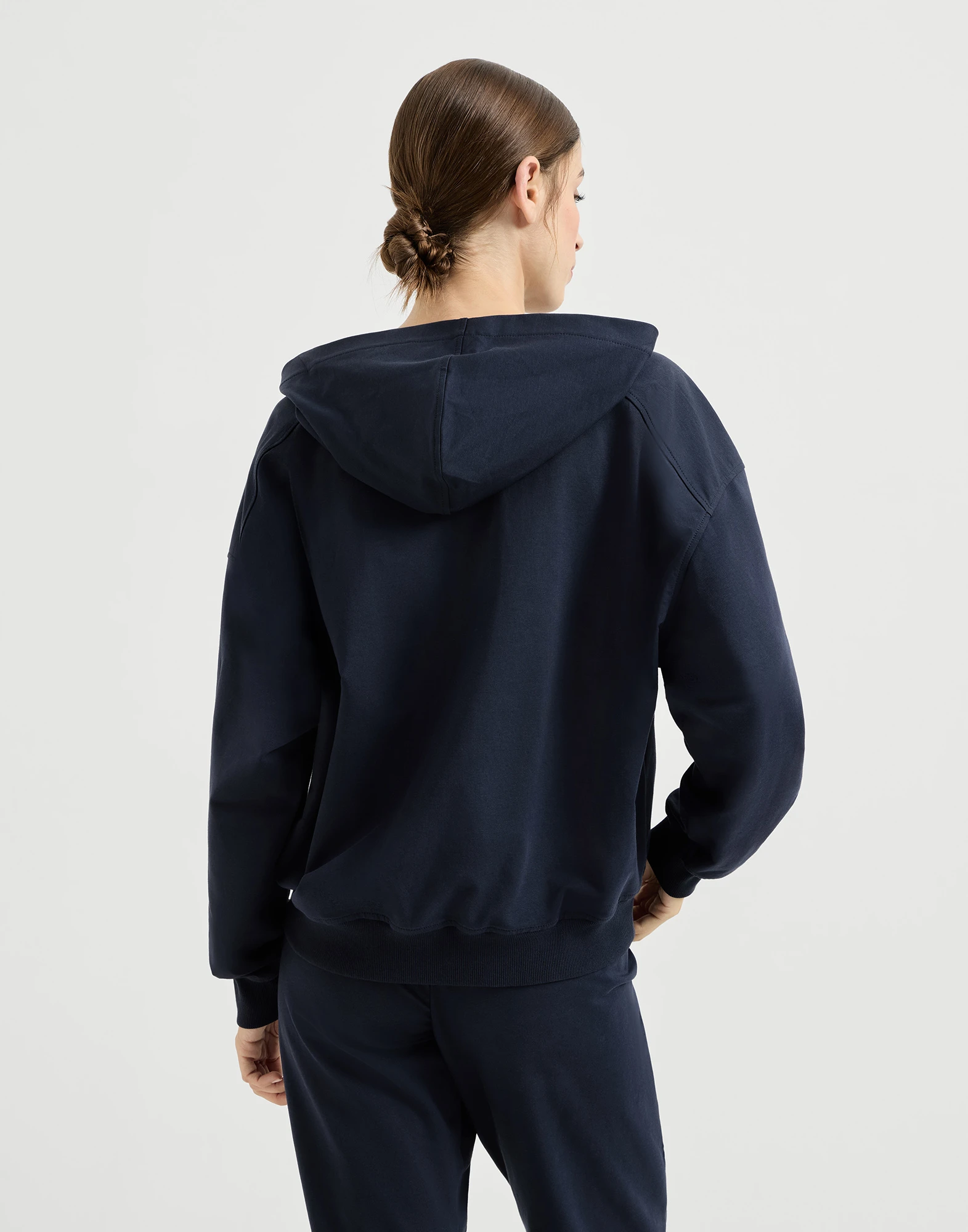 Sudadera en felpa ligera de algodón elástico con cremallera, capucha y ribetes brillantes