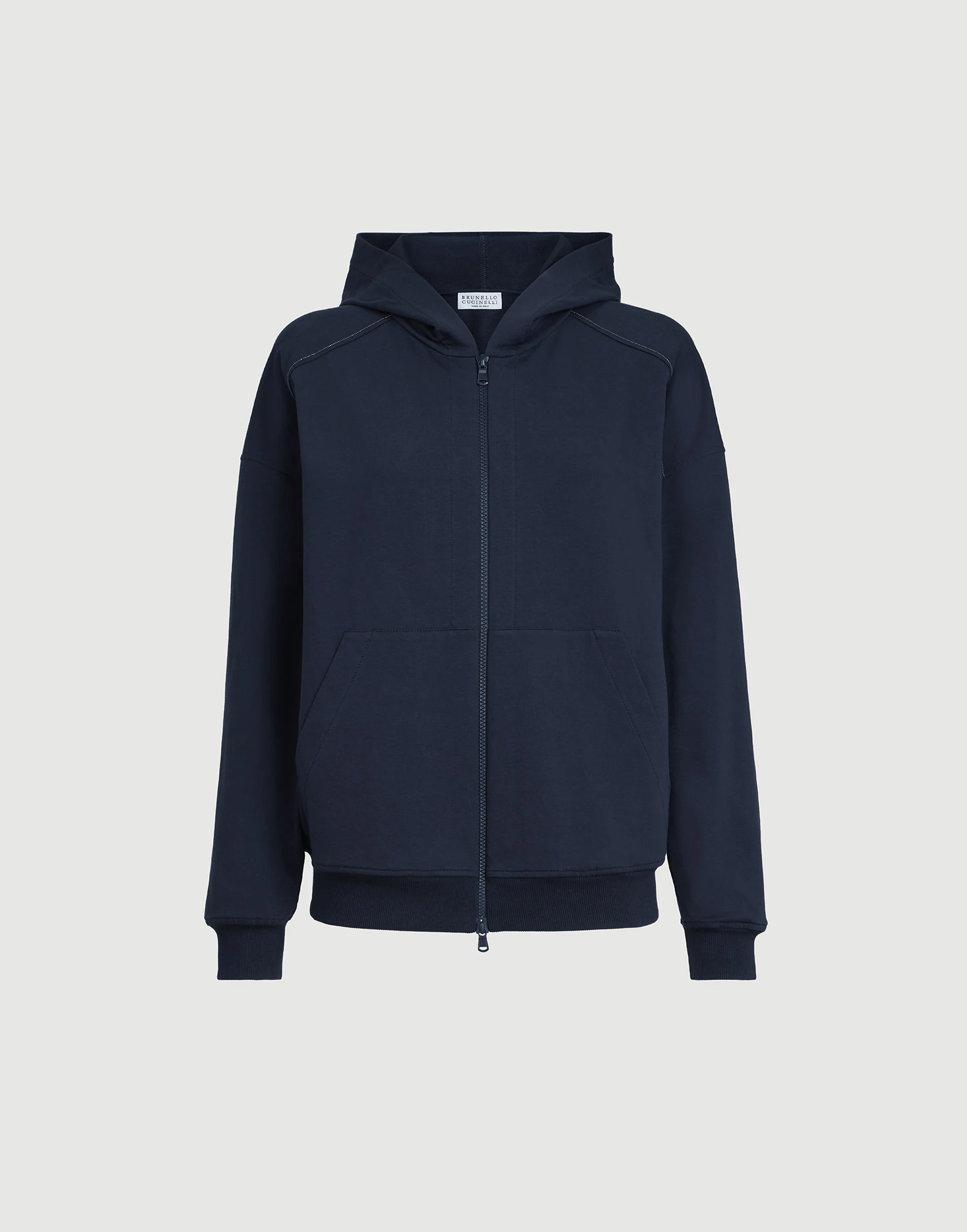 Sudadera en felpa ligera de algodón elástico con cremallera, capucha y ribetes brillantes