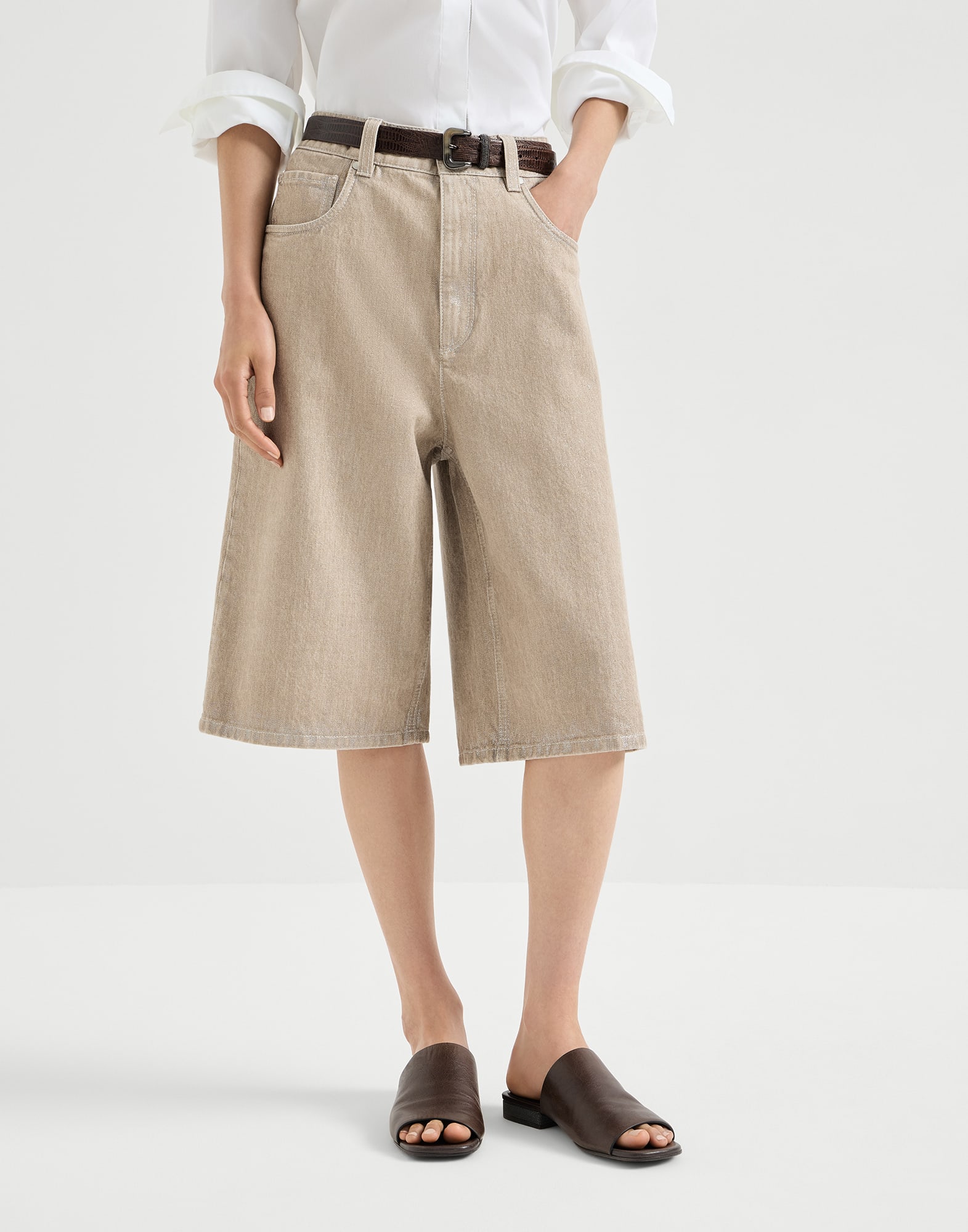Beige lamé denim Bermuda shorts with monili
