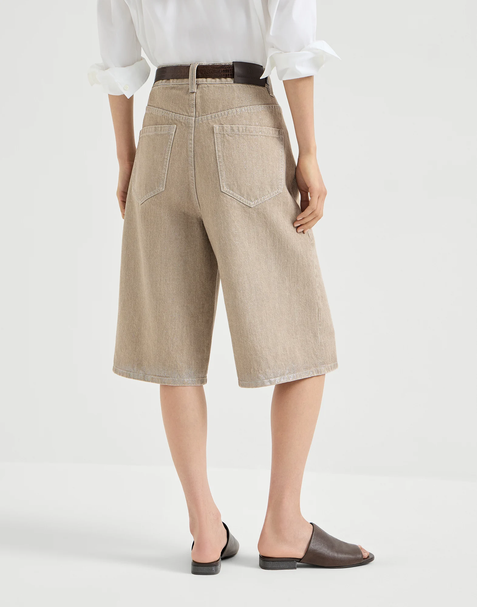 Beige lamé denim Bermuda shorts with monili