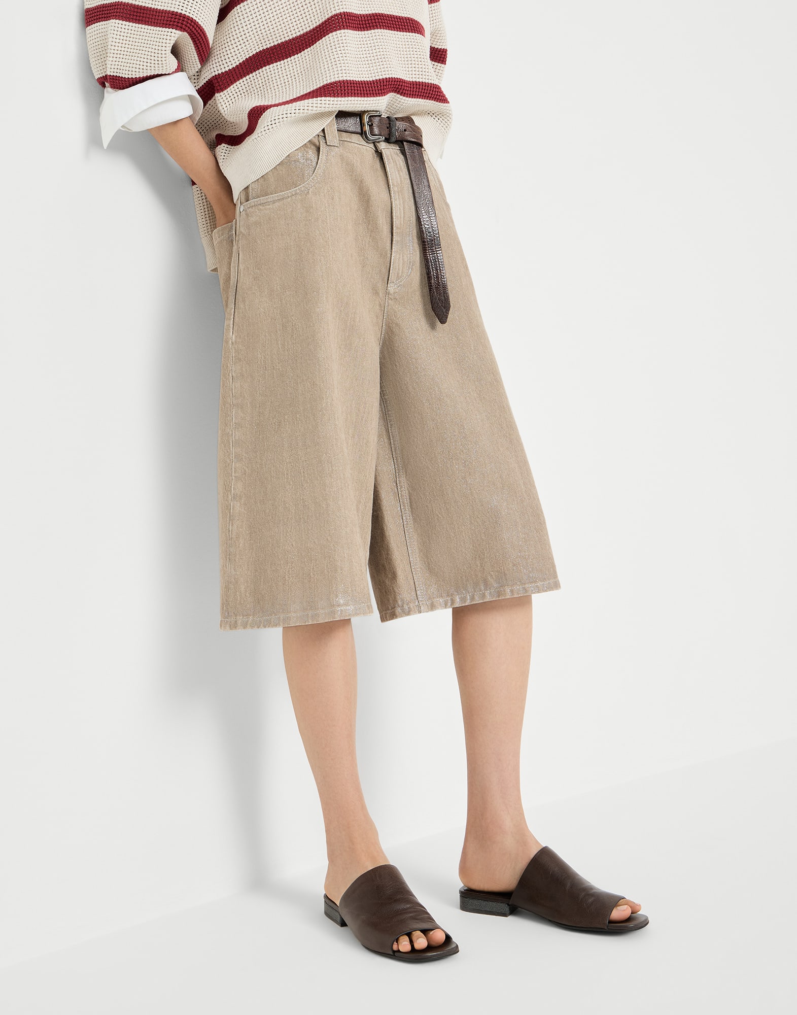 Beige lamé denim Bermuda shorts with monili