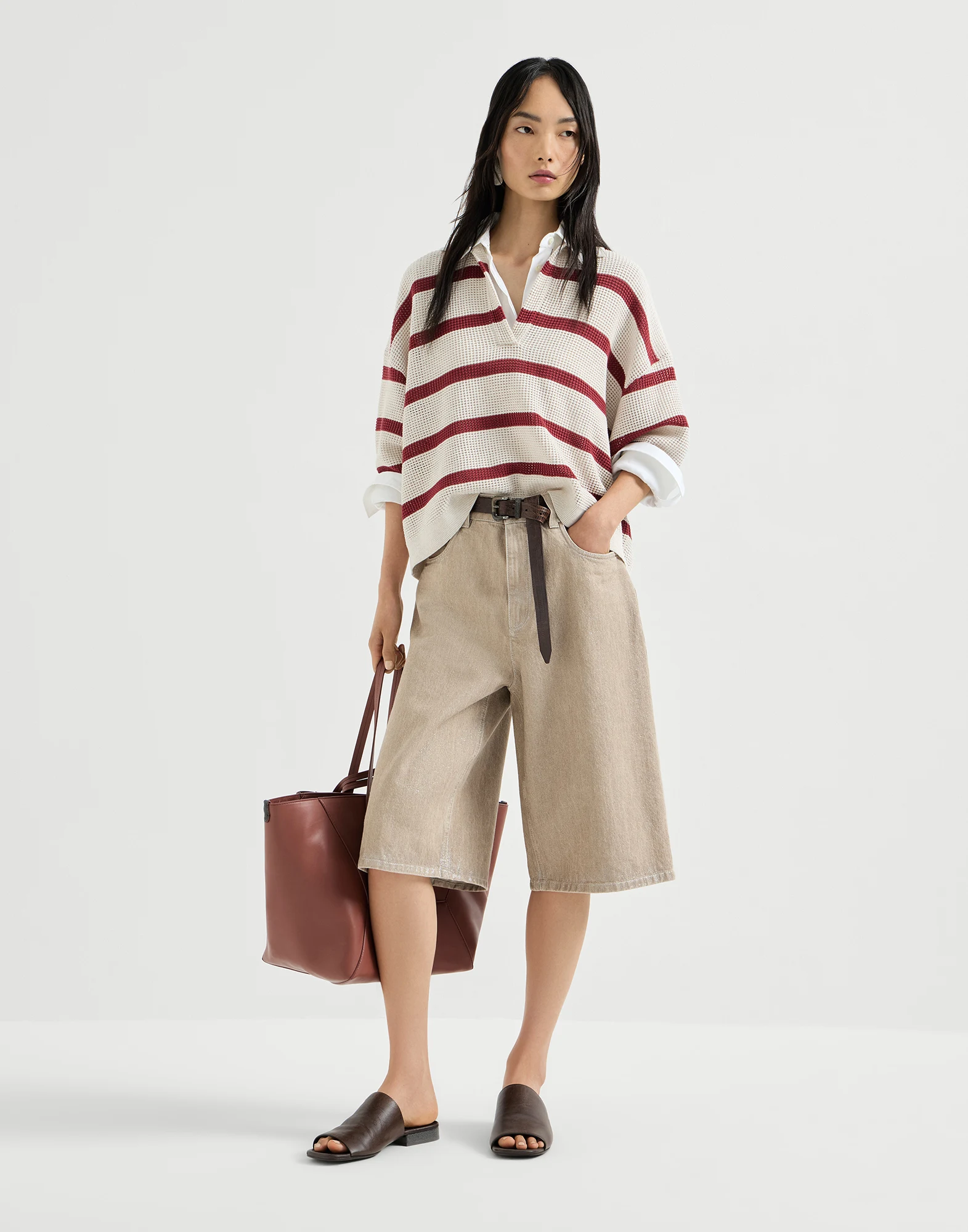 Beige lamé denim Bermuda shorts with monili