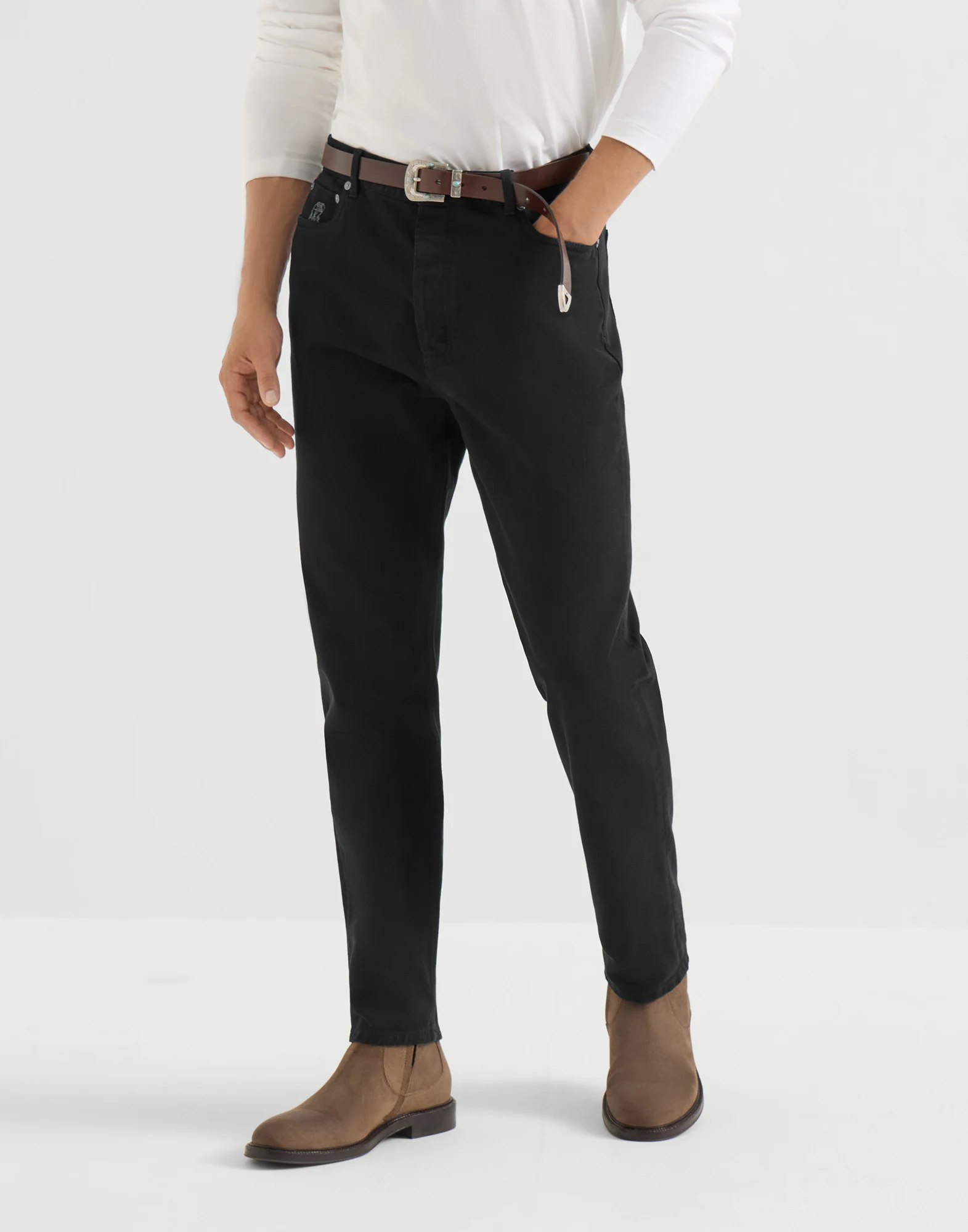Garment-dyed denim iconic fit five-pocket trousers
