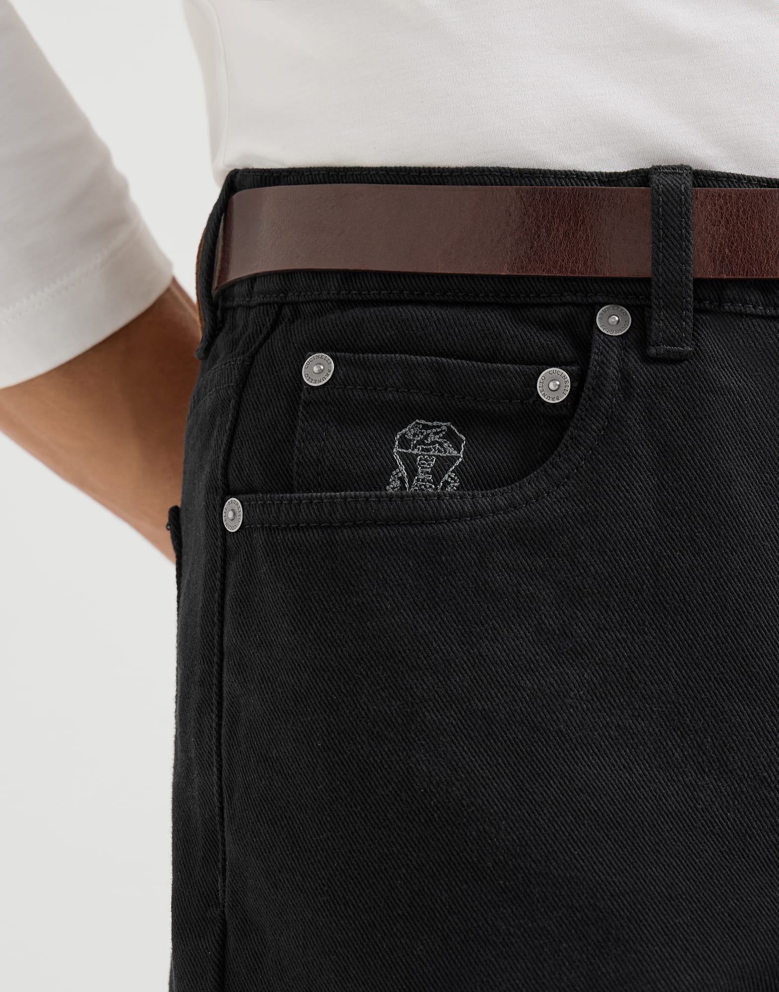 Garment-dyed denim iconic fit five-pocket trousers
