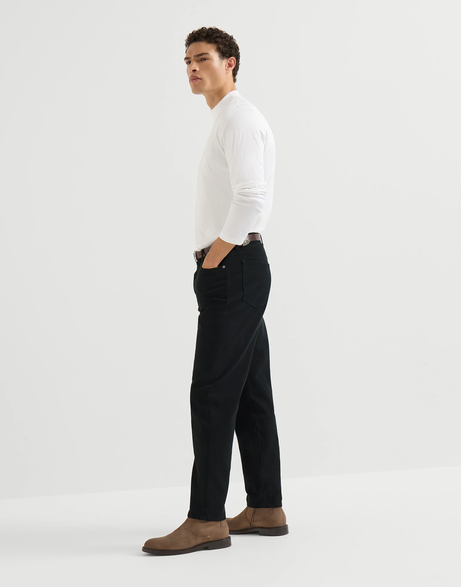 Garment-dyed denim iconic fit five-pocket trousers