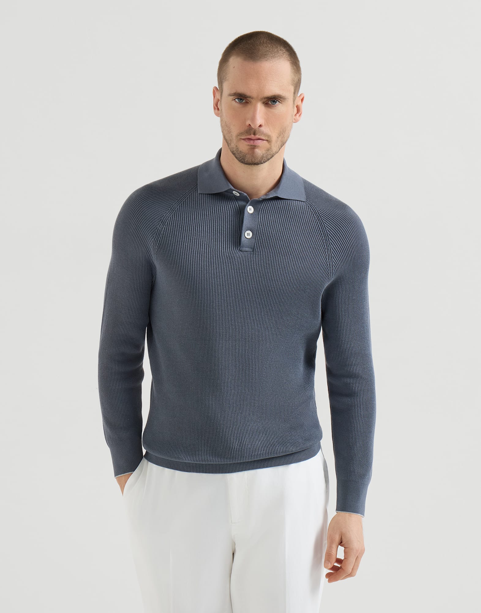 Cotton English rib knit polo with long raglan sleeves